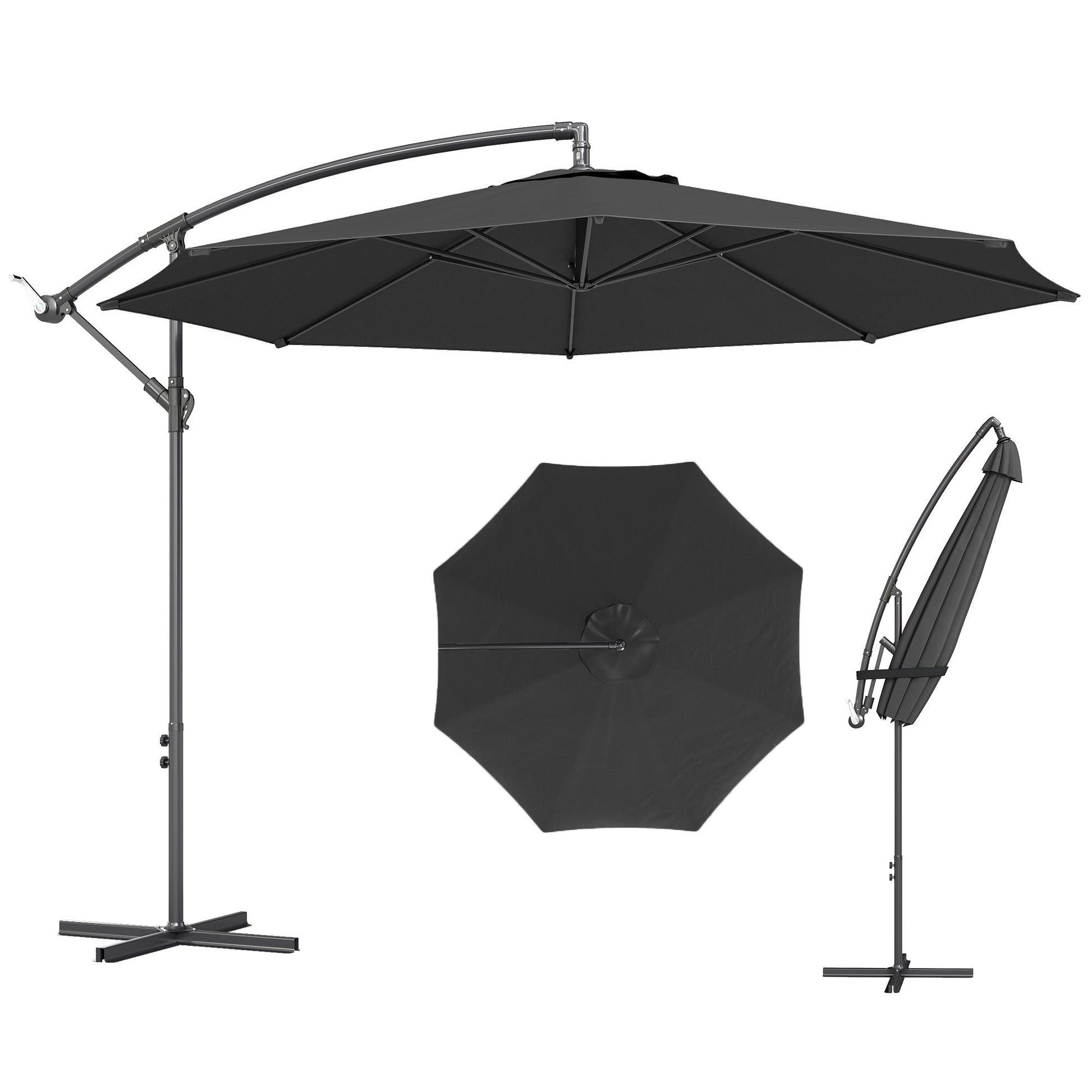 3(m) Garden Banana Parasol Hanging Cantilever Umbrella with Crank Handle, 8 Ribs and Cross Base for Outdoor, Sun Shade, Black