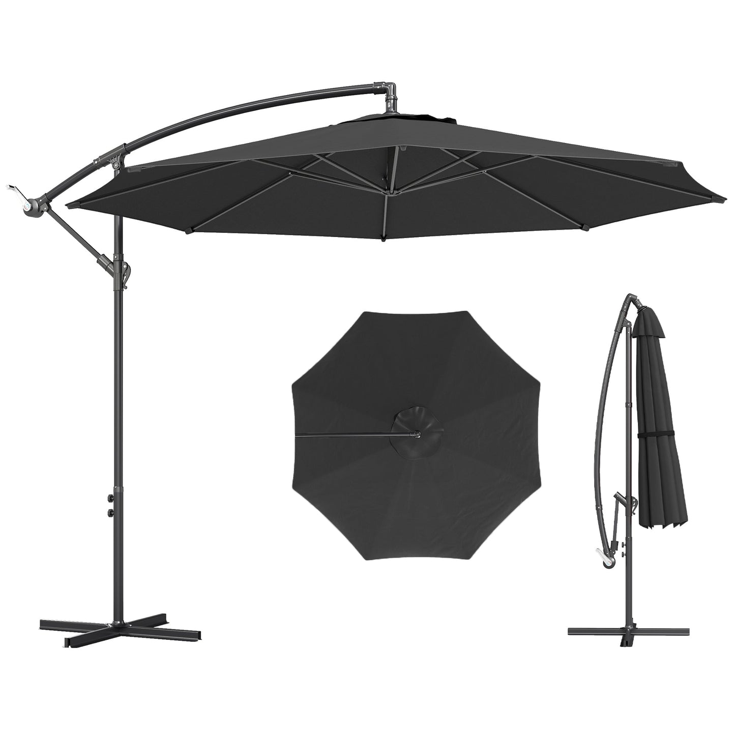 3(m) Garden Banana Parasol Hanging Cantilever Umbrella with Crank Handle, 8 Ribs and Cross Base for Outdoor, Sun Shade, Black