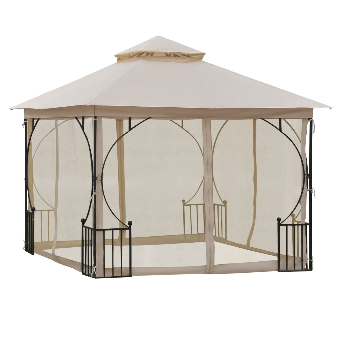 3 x 3m Garden Gazebo Patio Party Tent Shelter Outdoor Canopy Double Tier Sun Shade with Metal Frame and Netting, Beige
