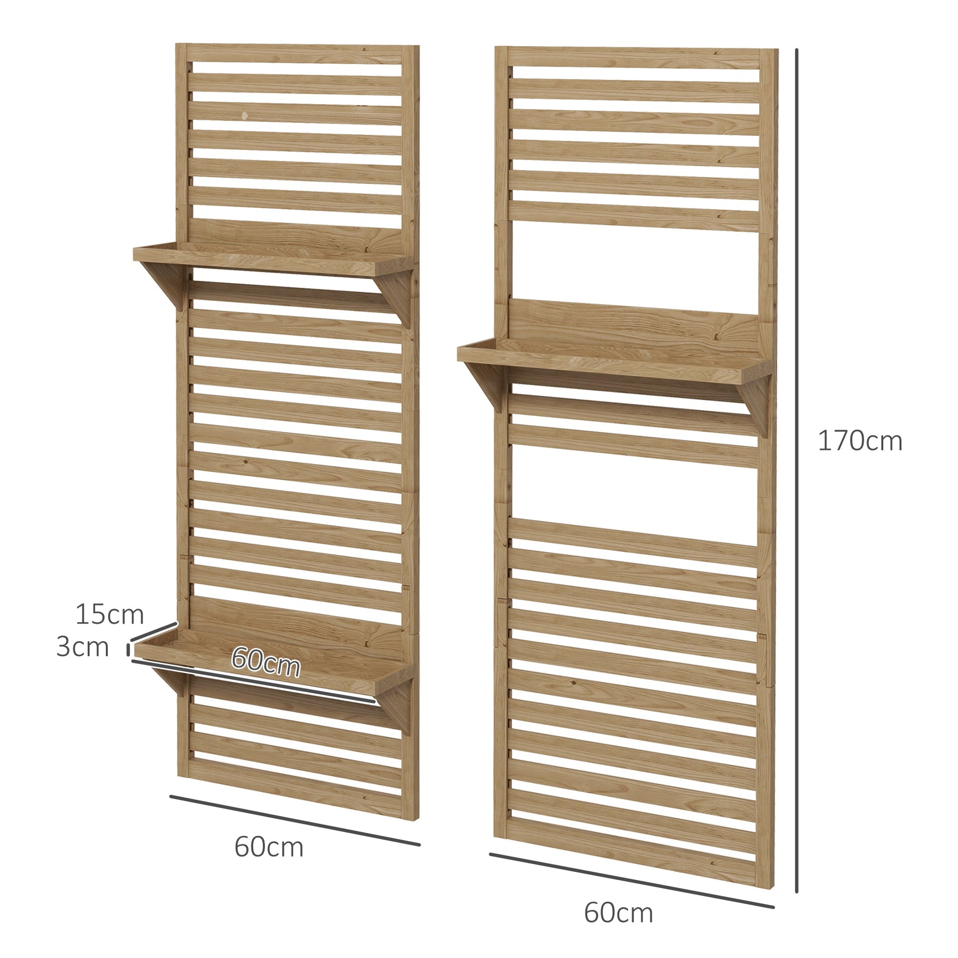 2-pieces Outdoor Plant Stands with Hanging Planter Shelves and Slatted Trellis for Climbing Plants, 170cm Wall Mount Wooden Plant Rack for Patio, Balcony, Porch, Natural