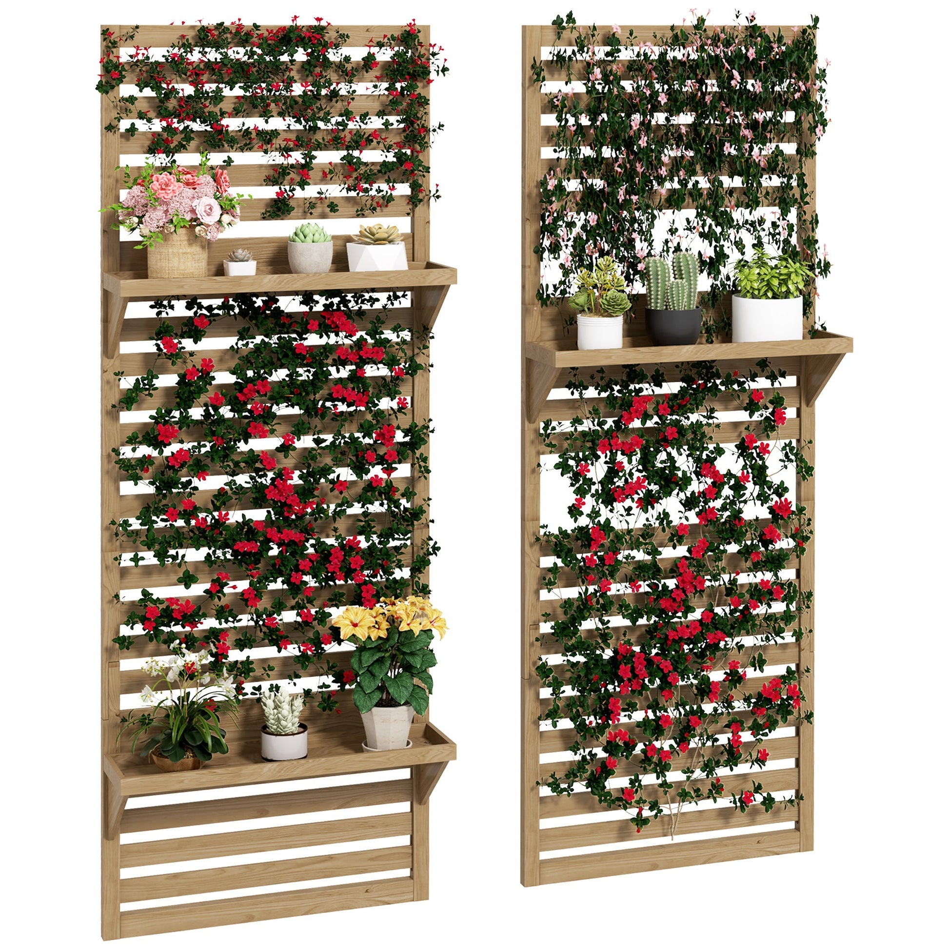 2-pieces Outdoor Plant Stands with Hanging Planter Shelves and Slatted Trellis for Climbing Plants, 170cm Wall Mount Wooden Plant Rack for Patio, Balcony, Porch, Natural