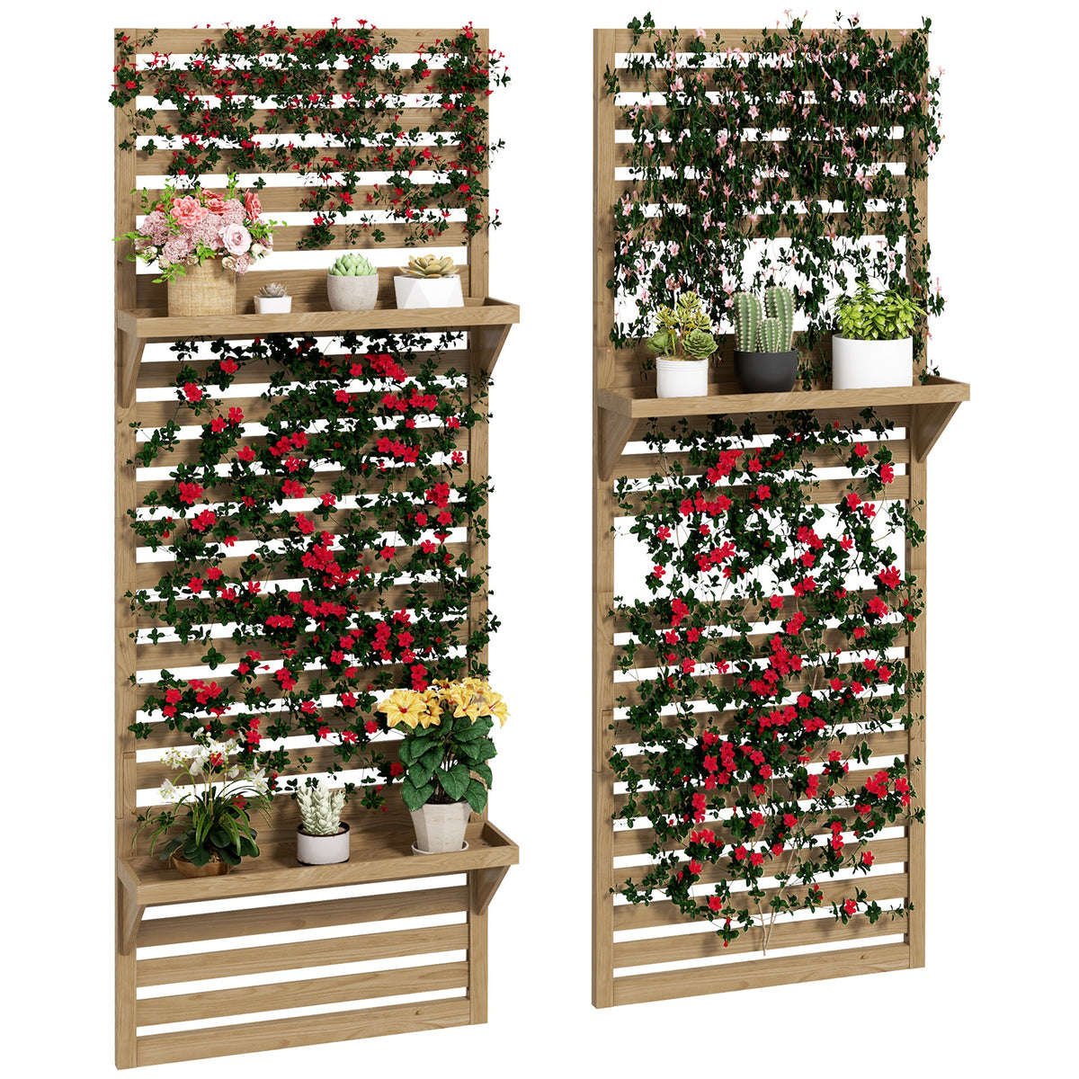 2-pieces Outdoor Plant Stands with Hanging Planter Shelves and Slatted Trellis for Climbing Plants, 170cm Wall Mount Wooden Plant Rack for Patio, Balcony, Porch, Natural