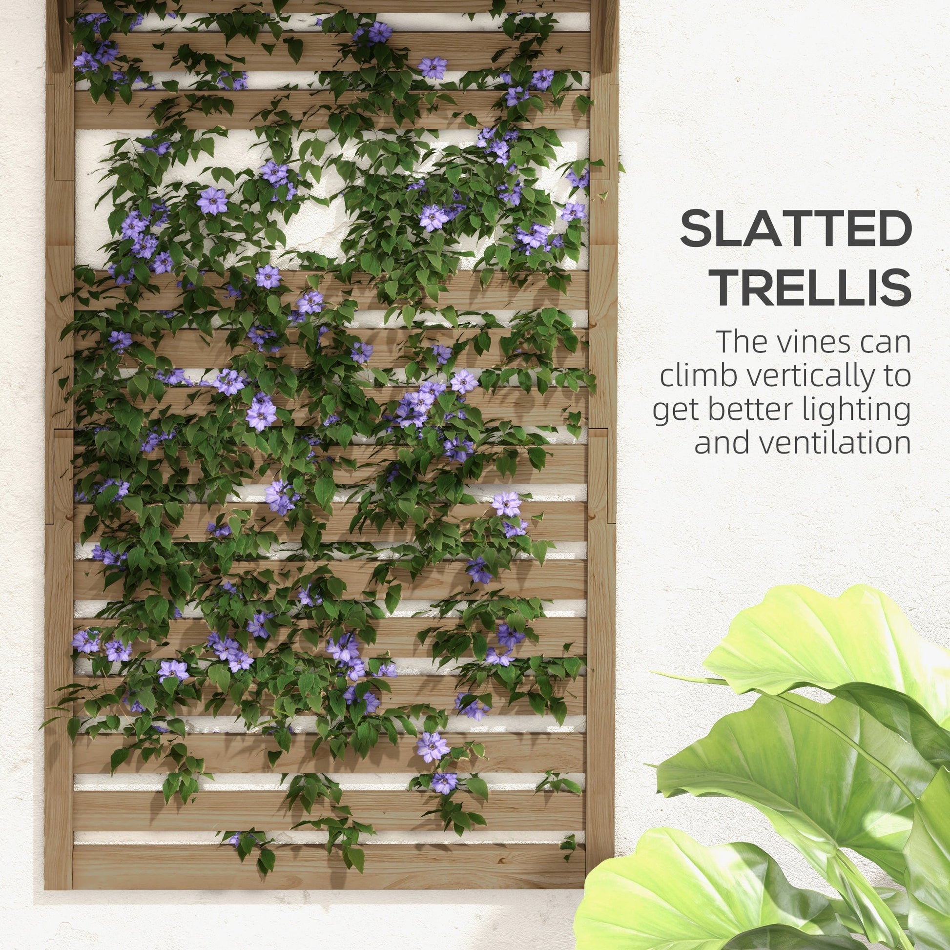2-pieces Outdoor Plant Stands with Hanging Planter Shelves and Slatted Trellis for Climbing Plants, 170cm Wall Mount Wooden Plant Rack for Patio, Balcony, Porch, Natural