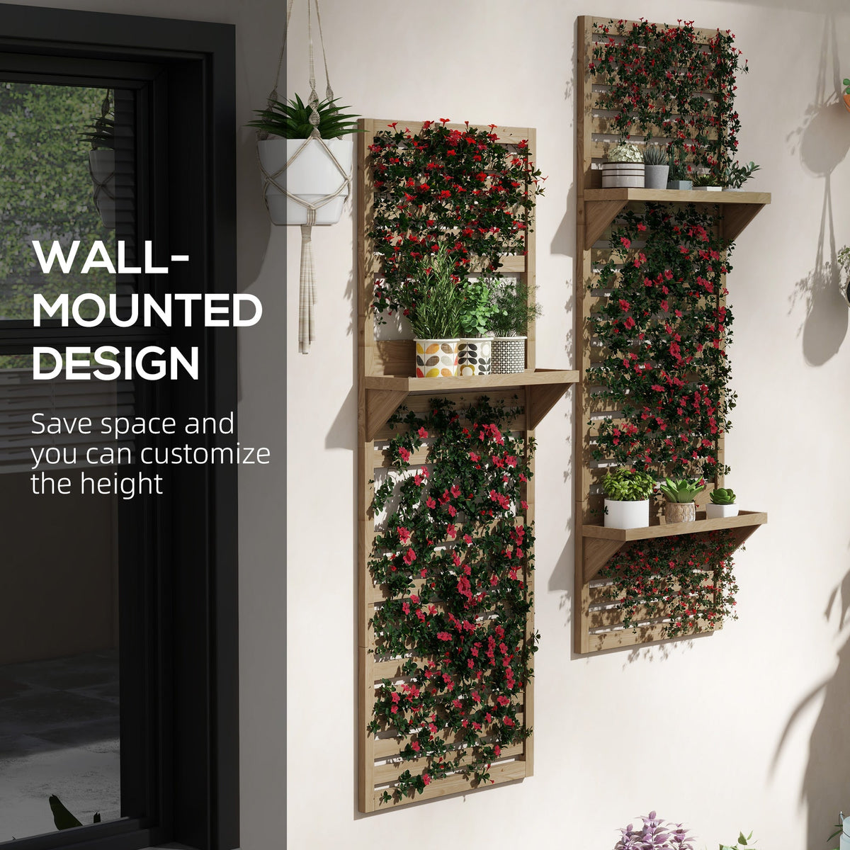 2-pieces Outdoor Plant Stands with Hanging Planter Shelves and Slatted Trellis for Climbing Plants, 170cm Wall Mount Wooden Plant Rack for Patio, Balcony, Porch, Natural