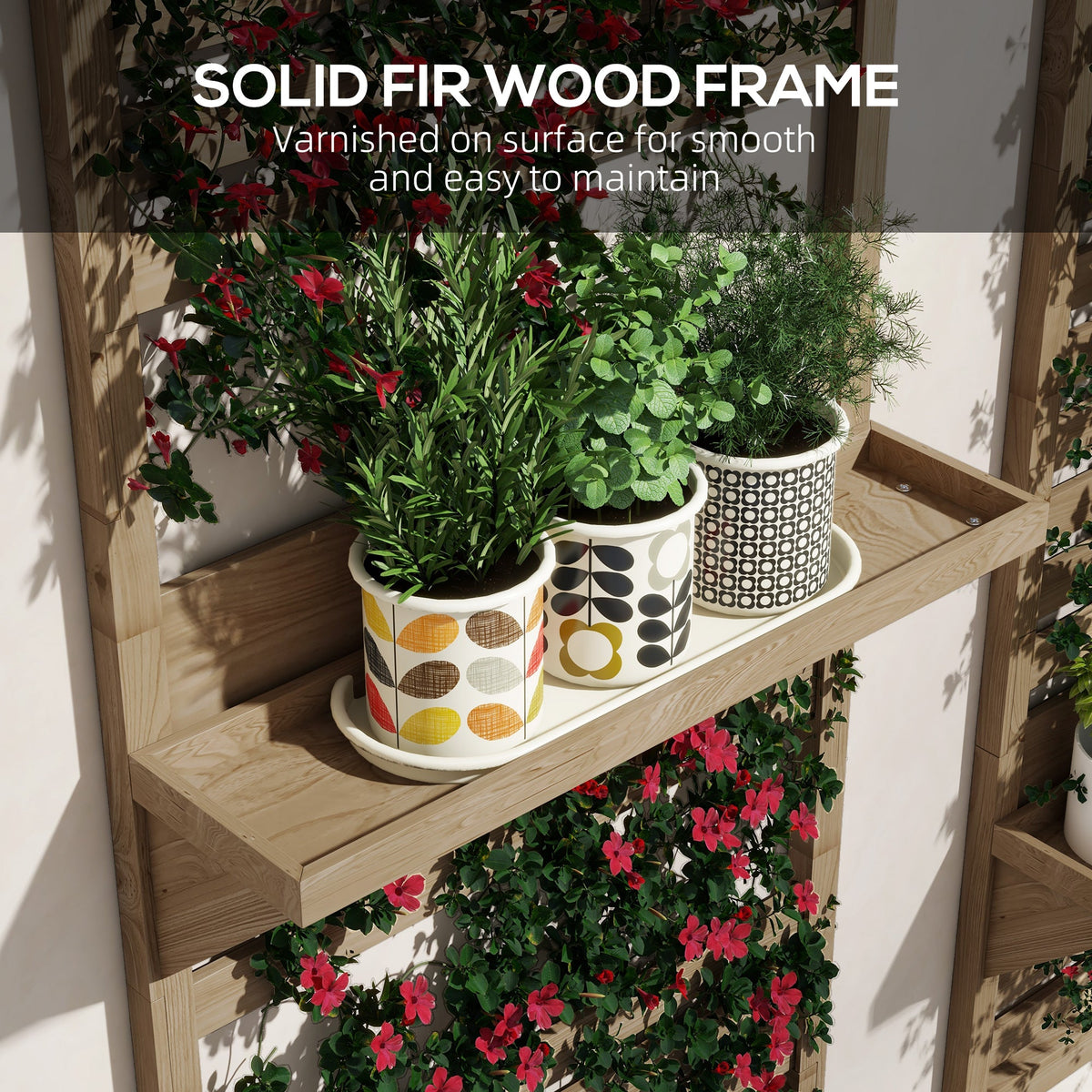 2-pieces Outdoor Plant Stands with Hanging Planter Shelves and Slatted Trellis for Climbing Plants, 170cm Wall Mount Wooden Plant Rack for Patio, Balcony, Porch, Natural