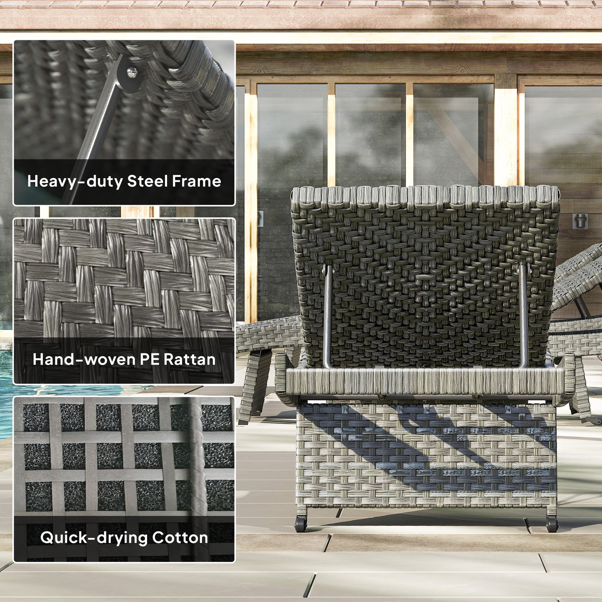 Outdoor PE Rattan Sun Lounger, Folding Wicker Garden Lounger Recliner with 4-Level Adjustable Backrest, Rolling Sunbed Lounge Chair with Wheels, Non-Slip Legs for Balcony, Beach, Mixed-grey