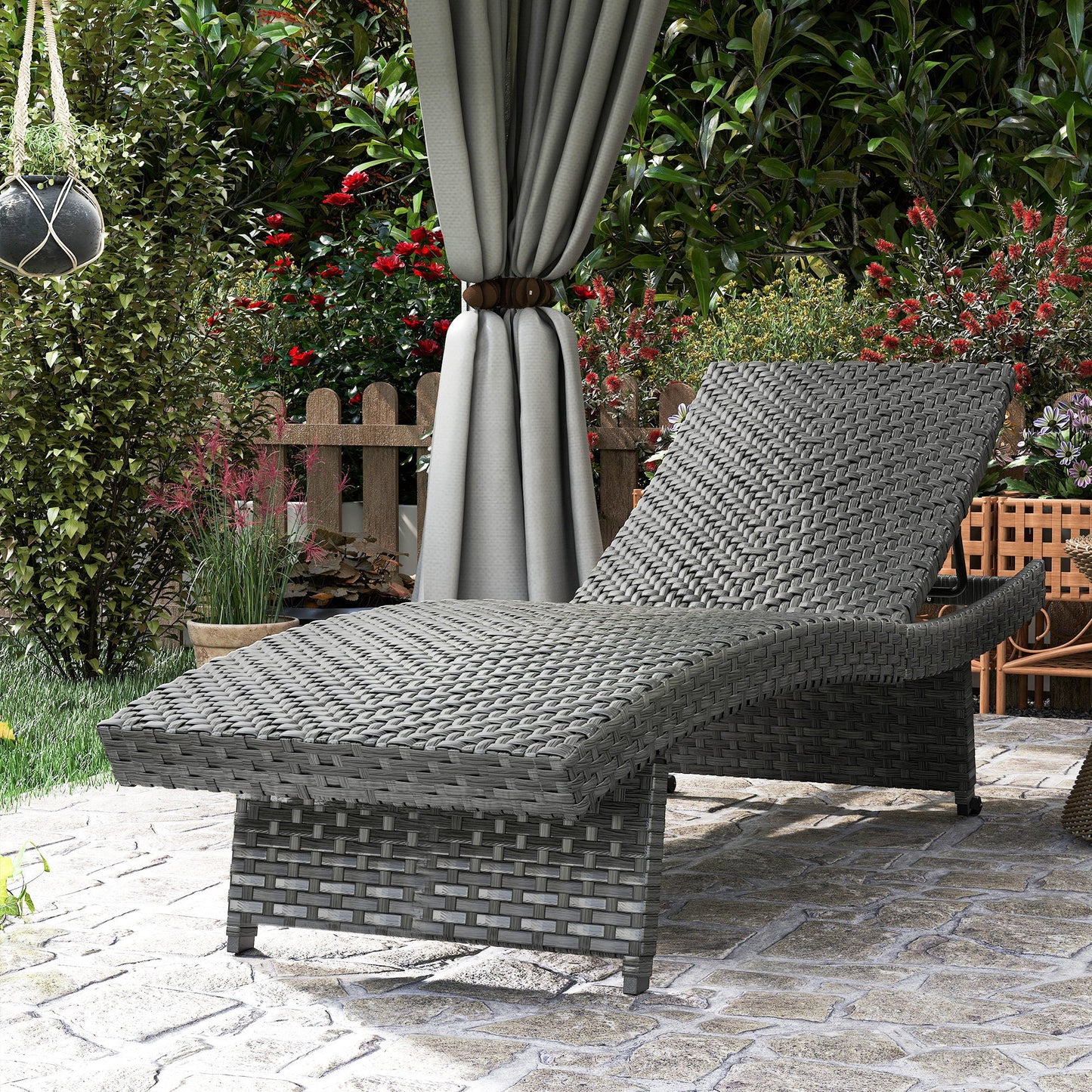 Outdoor PE Rattan Sun Lounger, Folding Wicker Garden Lounger Recliner with 4-Level Adjustable Backrest, Rolling Sunbed Lounge Chair with Wheels, Non-Slip Legs for Balcony, Beach, Mixed-grey