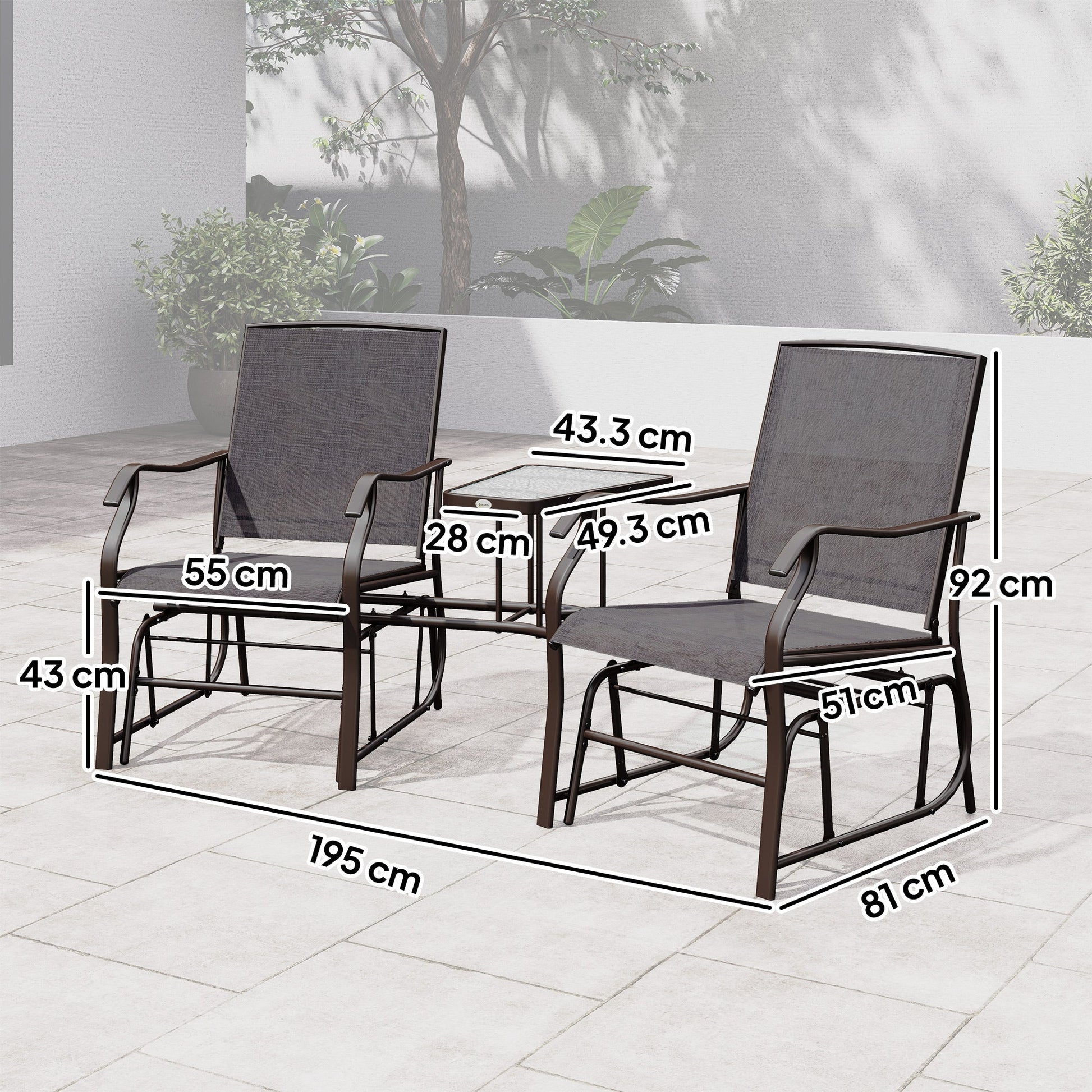 Outdoor Double Glider Rocking Chairs with Glass Top Middle Table, Metal Gliding Love Seat Conversation Furniture with Breathable Mesh Fabric Seat, for Garden, Patio, Grey