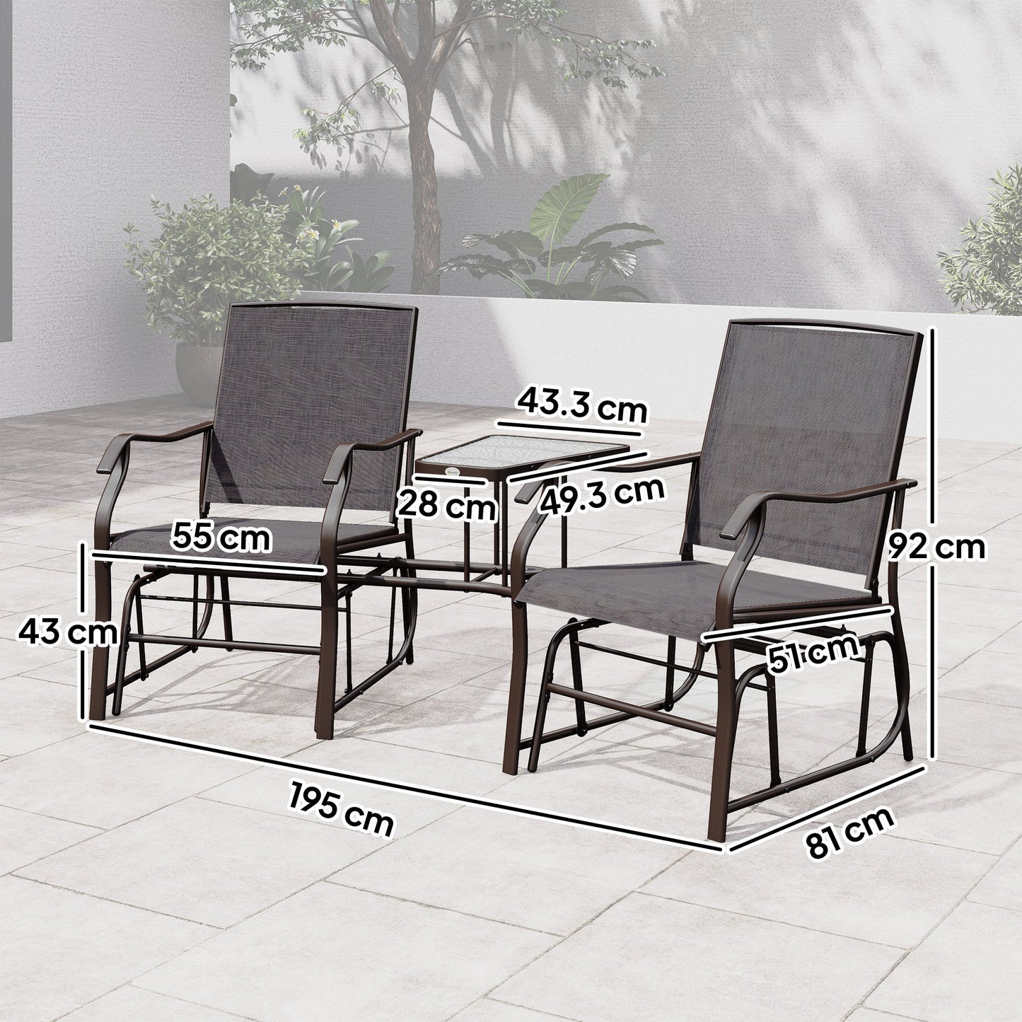 Outdoor Double Glider Rocking Chairs with Glass Top Middle Table, Metal Gliding Love Seat Conversation Furniture with Breathable Mesh Fabric Seat, for Garden, Patio, Grey