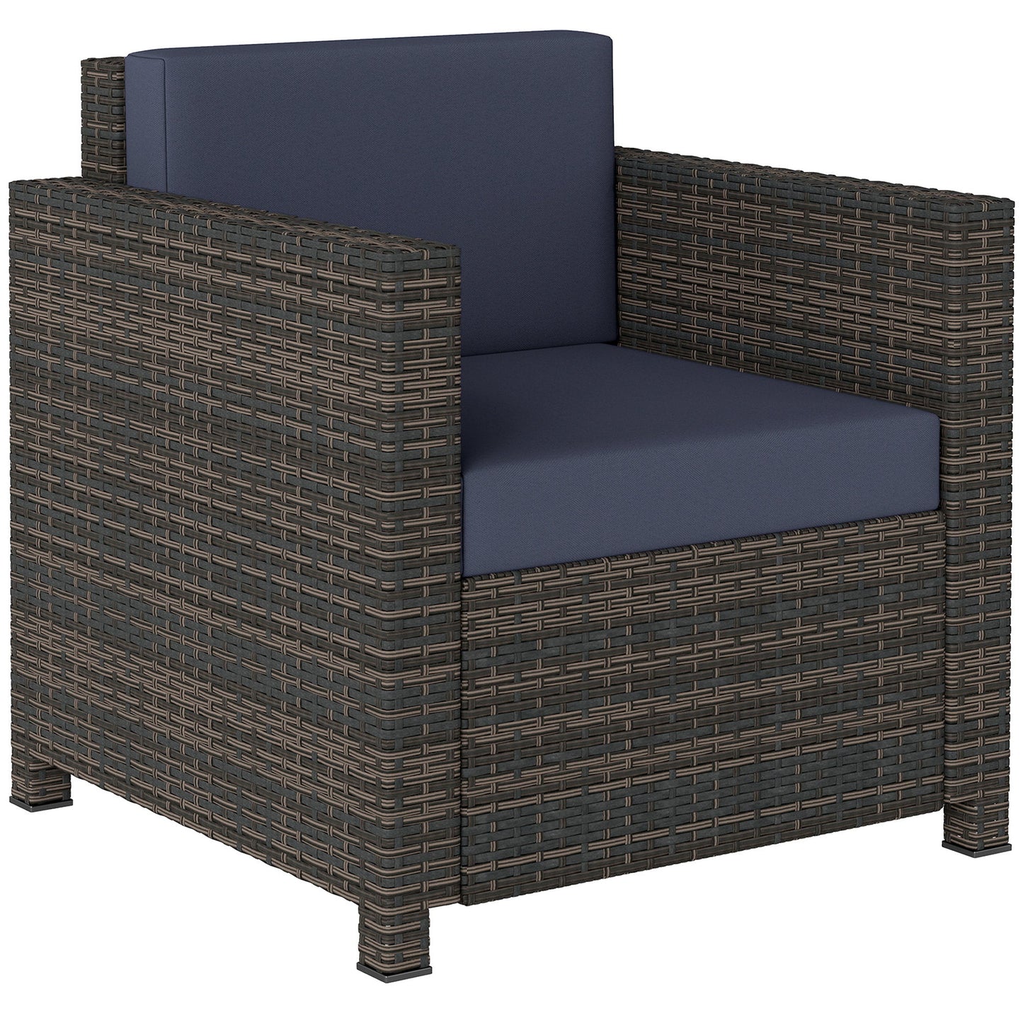 Single Seater Rattan Chair, PE Wicker Garden Armchair with 10 cm Thickened Cushion, All-Weather Rattan Garden Chair with Armrests, Mixed Brown/Navy Blue