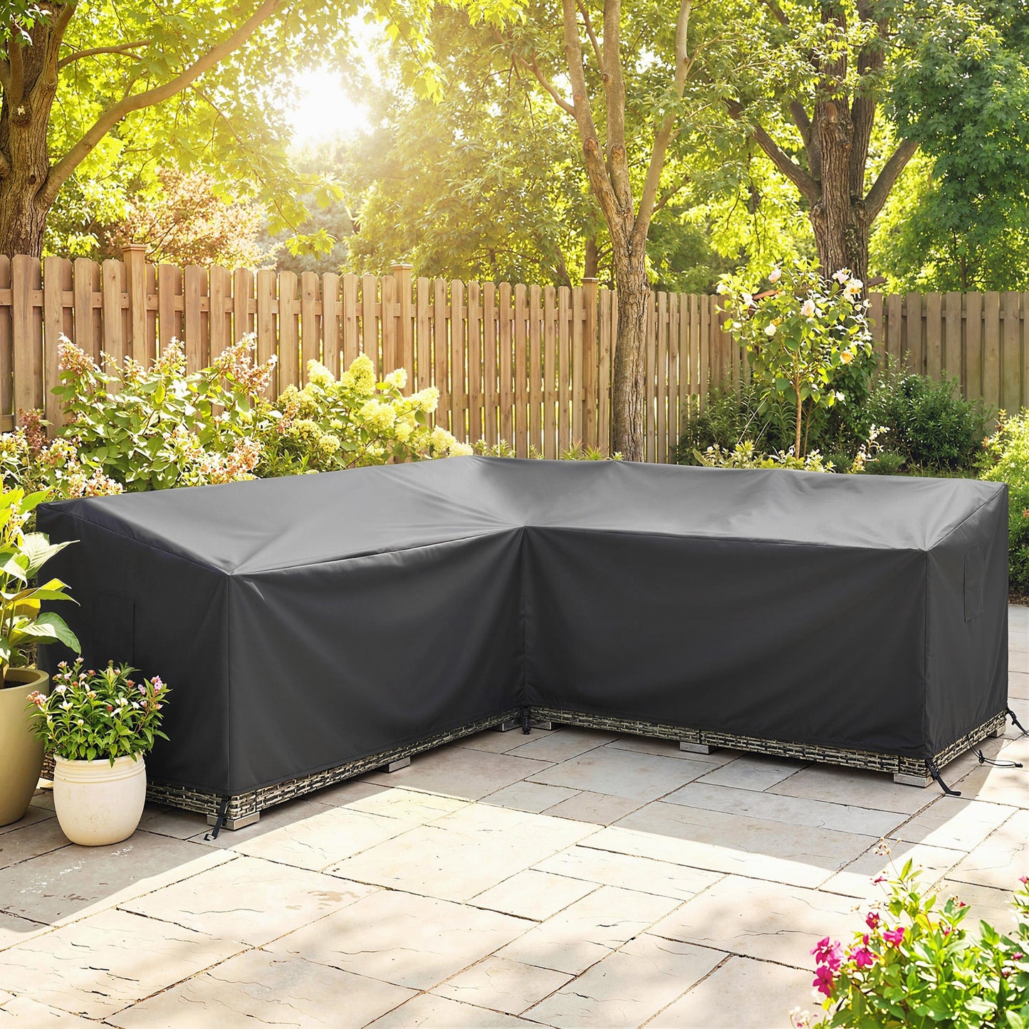 V-Shaped Garden Furniture Cover, Waterproof Outdoor rattan corner sofa cover with Air Vent, Heavy Duty 420D Oxford Fabric, Windproof, 216 x 216 cm, Black