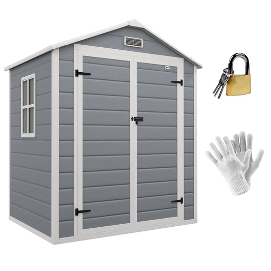6 x 4.5FT Plastic Garden Shed with Floor, Lockable Tool Storage House with Window, Vent and Plastic Roof, Grey