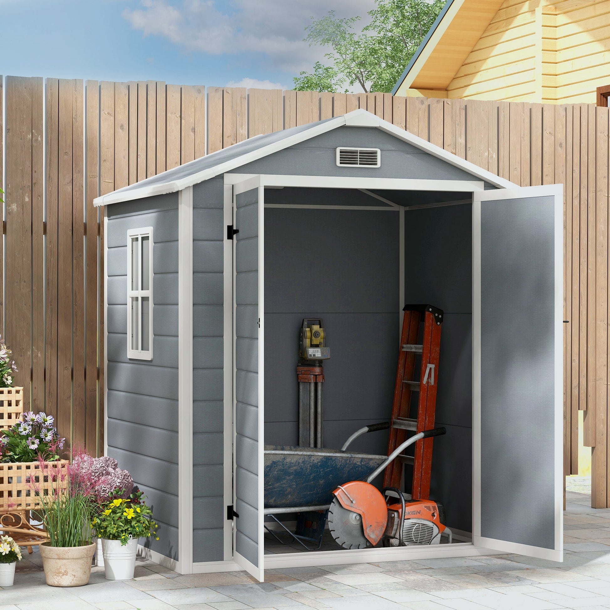 6 x 4.5FT Plastic Garden Shed with Floor, Lockable Tool Storage House with Window, Vent and Plastic Roof, Grey