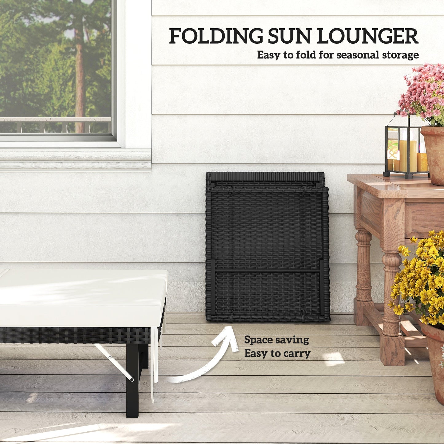 Folding Rattan Sun Lounger, 6-Level Adjustable Garden Lounger Recliner with Cushion, Outdoor Reclining Sunbed, Garden Chair with Steel Frame for Patio, Beach, Terrace, Black