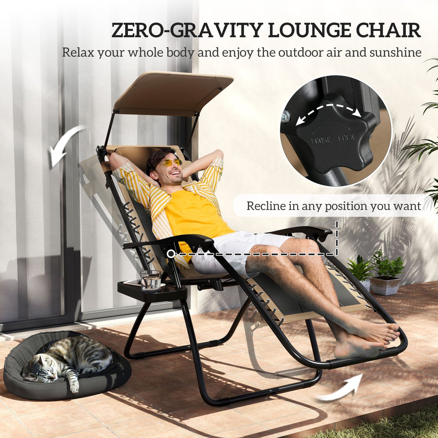 Zero Gravity Lounger Chair Set of 2, Folding Reclining Patio Chair with Shade Cover, Cup Holder, Soft Cushion and Headrest for Poolside, Camping, Coffee