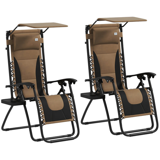 Zero Gravity Lounger Chair Set of 2, Folding Reclining Patio Chair with Shade Cover, Cup Holder, Soft Cushion and Headrest for Poolside, Camping, Coffee