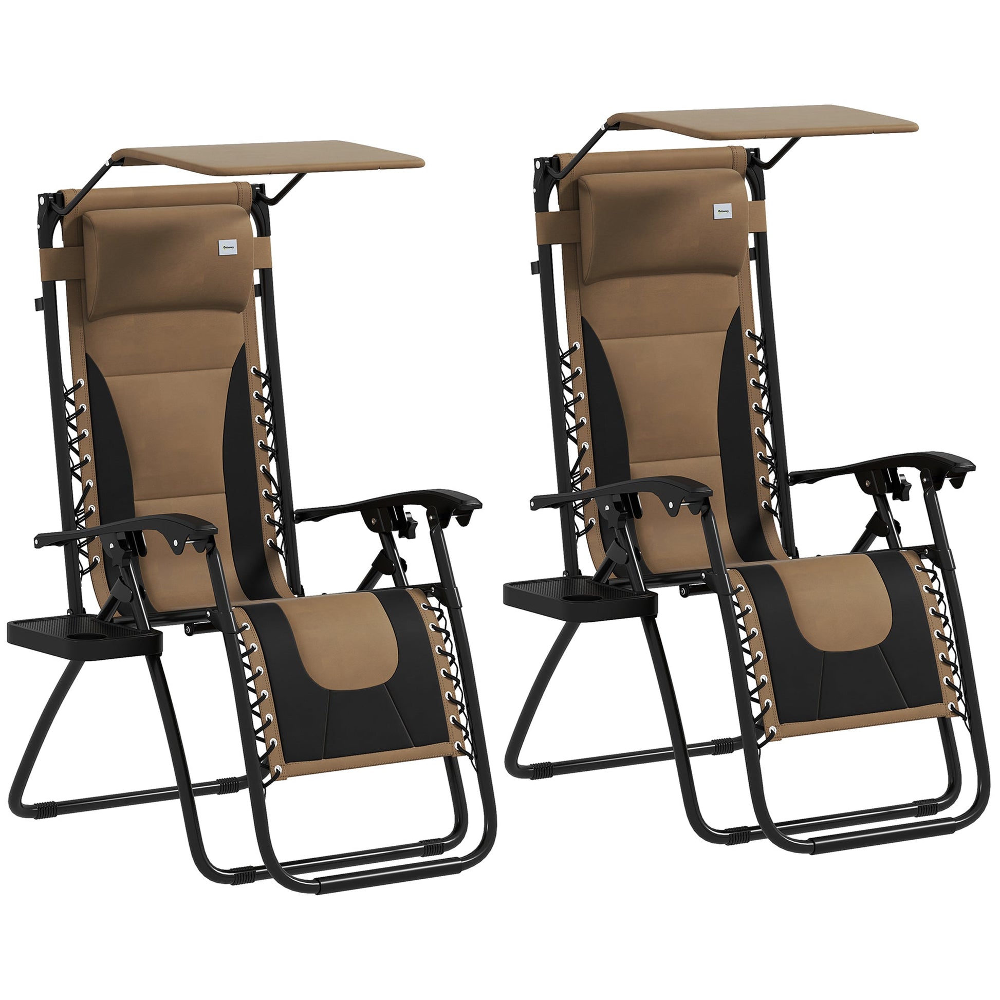 Zero Gravity Lounger Chair Set of 2, Folding Reclining Patio Chair with Shade Cover, Cup Holder, Soft Cushion and Headrest for Poolside, Camping, Coffee