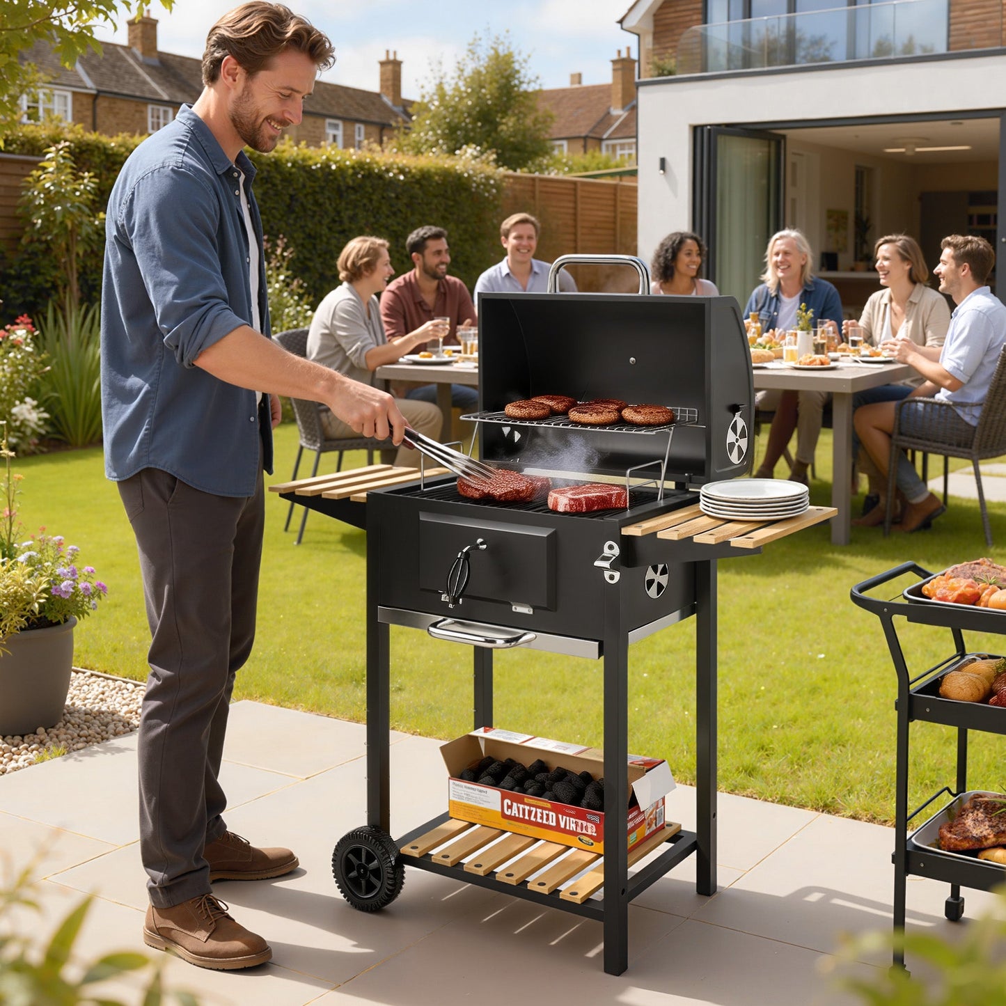 Charcoal BBQ Grill with Height Adjustable Charcoal Pan, Barbecue Smoker with Warming Rack, 3 Shelves, Temperature Gauge, Wheels, Bottle Opener for Outdoor Cooking Garden Party