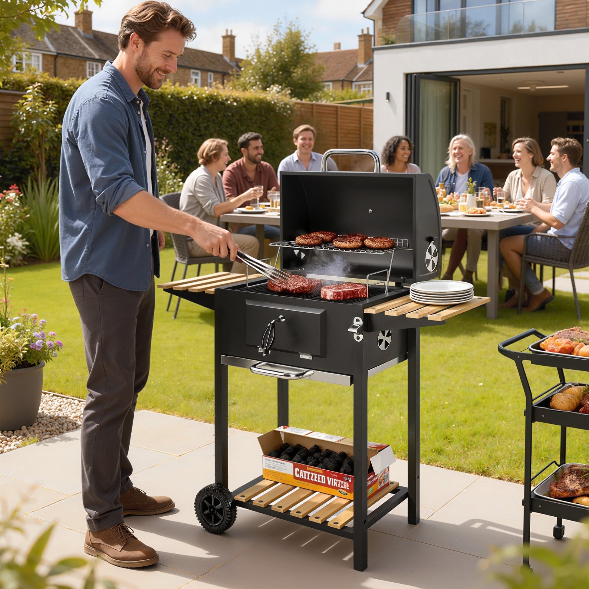 Charcoal BBQ Grill with Height Adjustable Charcoal Pan, Barbecue Smoker with Warming Rack, 3 Shelves, Temperature Gauge, Wheels, Bottle Opener for Outdoor Cooking Garden Party