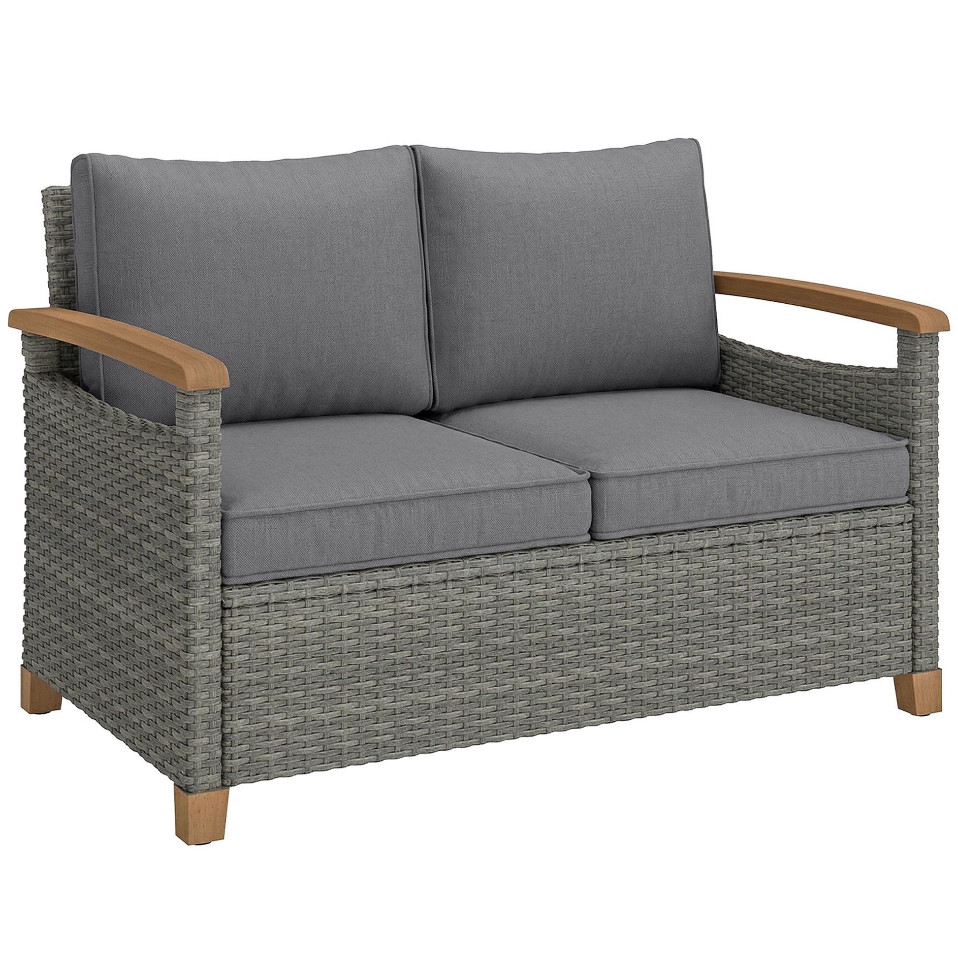 2 Seater Rattan Garden Sofa, Outdoor Sofa with Thickened Cushions and Acacia Wood Armrests, All Weather Small Rattan Garden Furniture Loveseat for Patio, Balcony, Porch, Dark Grey