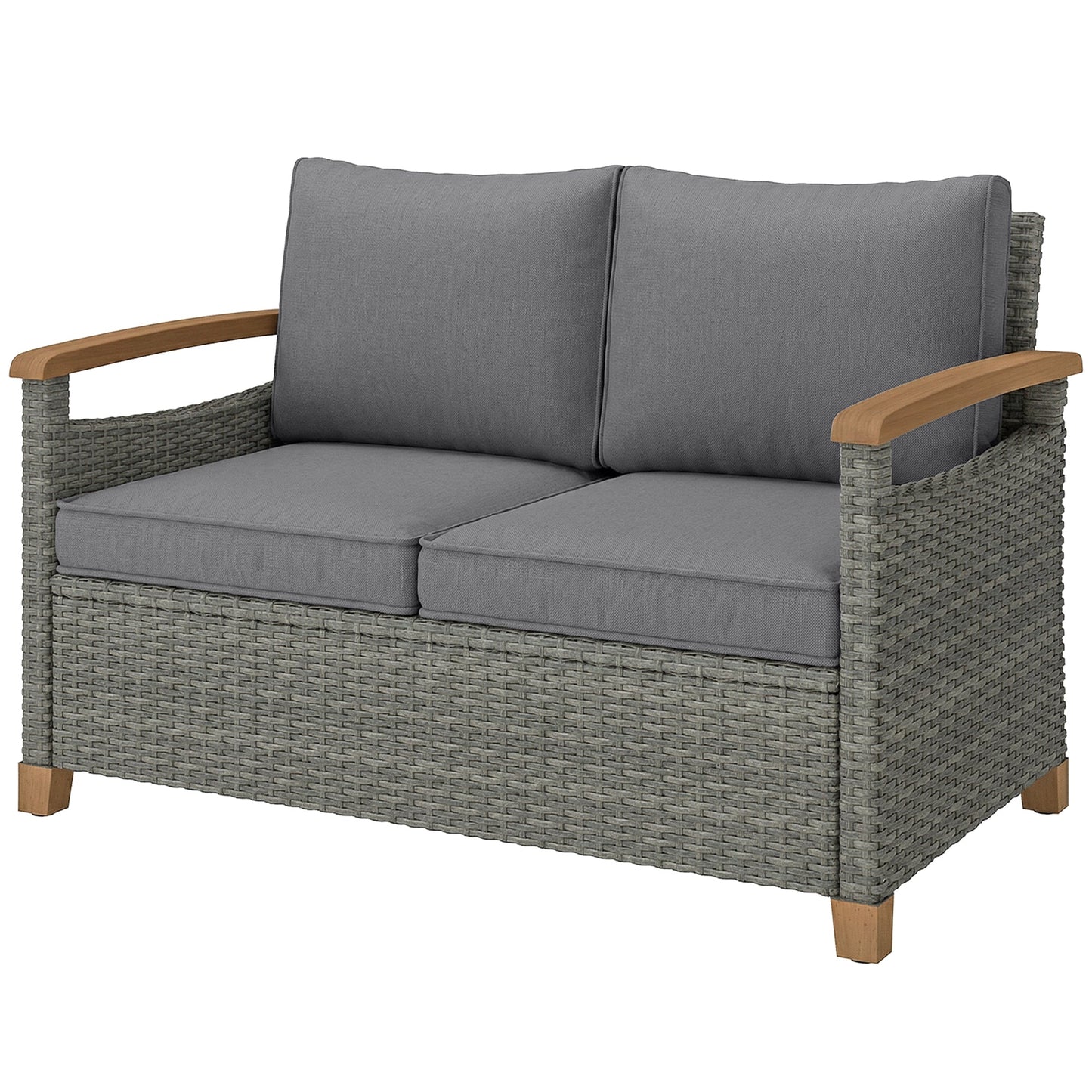 2 Seater Rattan Garden Sofa, Outdoor Sofa with Thickened Cushions and Acacia Wood Armrests, All Weather Small Rattan Garden Furniture Loveseat for Patio, Balcony, Porch, Dark Grey