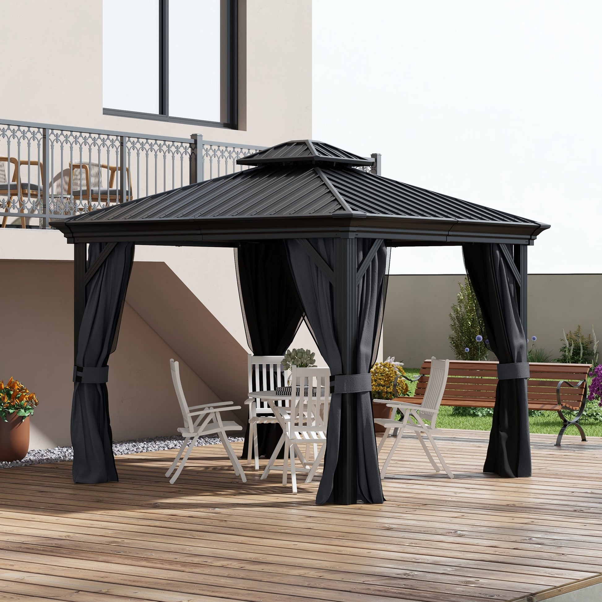 3 x 3.7m Outdoor Hardtop Gazebo Canopy Aluminium Frame with 2-Tier Roof & Mesh Netting Sidewalls for Patio, Dark Grey