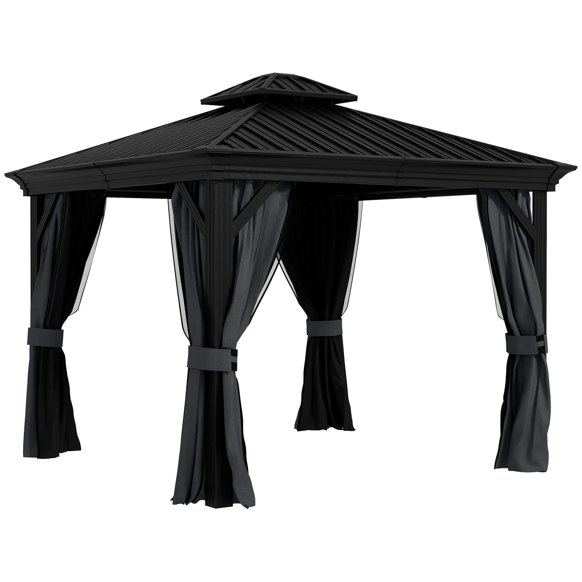 3 x 3.7m Outdoor Hardtop Gazebo Canopy Aluminium Frame with 2-Tier Roof & Mesh Netting Sidewalls for Patio, Dark Grey