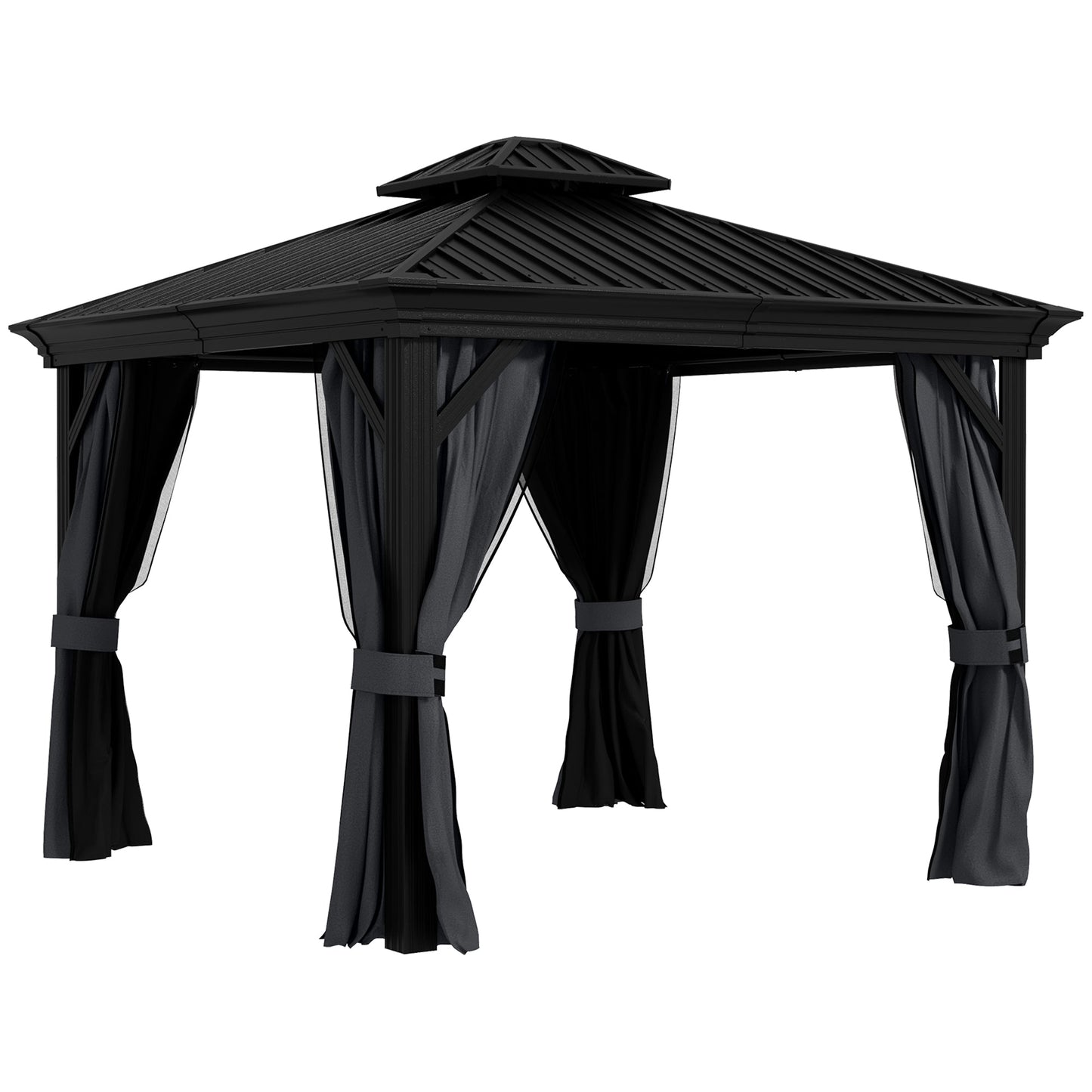 3 x 3.7m Outdoor Hardtop Gazebo Canopy Aluminium Frame with 2-Tier Roof & Mesh Netting Sidewalls for Patio, Dark Grey