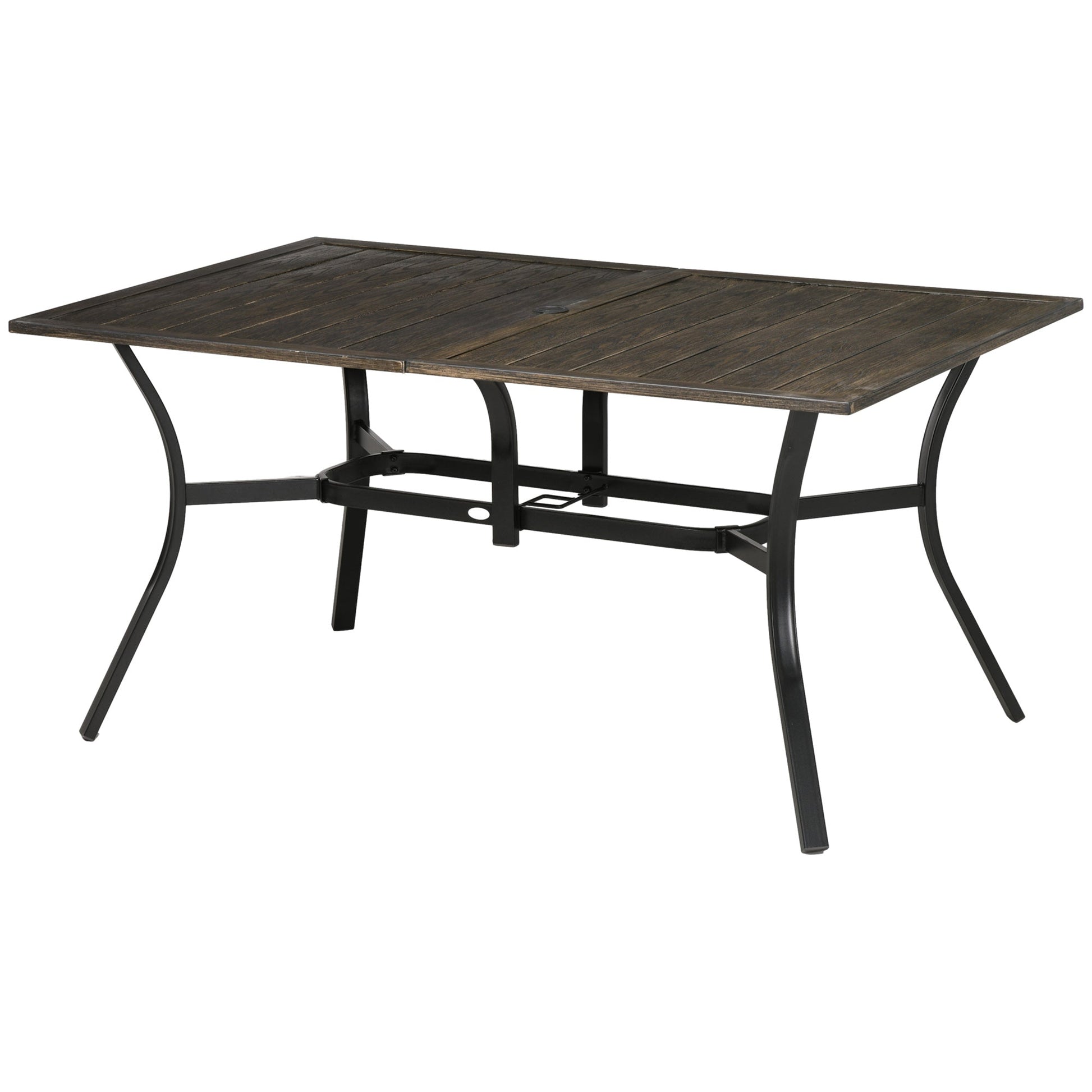Garden Table with Parasol Hole, Outdoor Garden Dining Table with Wood Grain Tabletop and Steel Frame for Patio, Deck, Balcony, Brown, 150 x 96 x 73cm