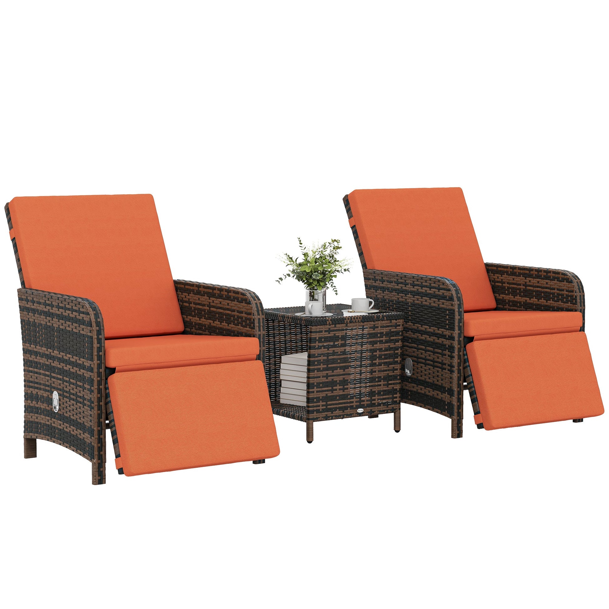 3 Pieces Rattan Bistro Set, Reclining Garden Chairs and 2-Tier Storage Glass-Top Table, PE Wicker Garden Furniture Conversation Set with Cushions for Outdoor, Patio, Balcony, Orange