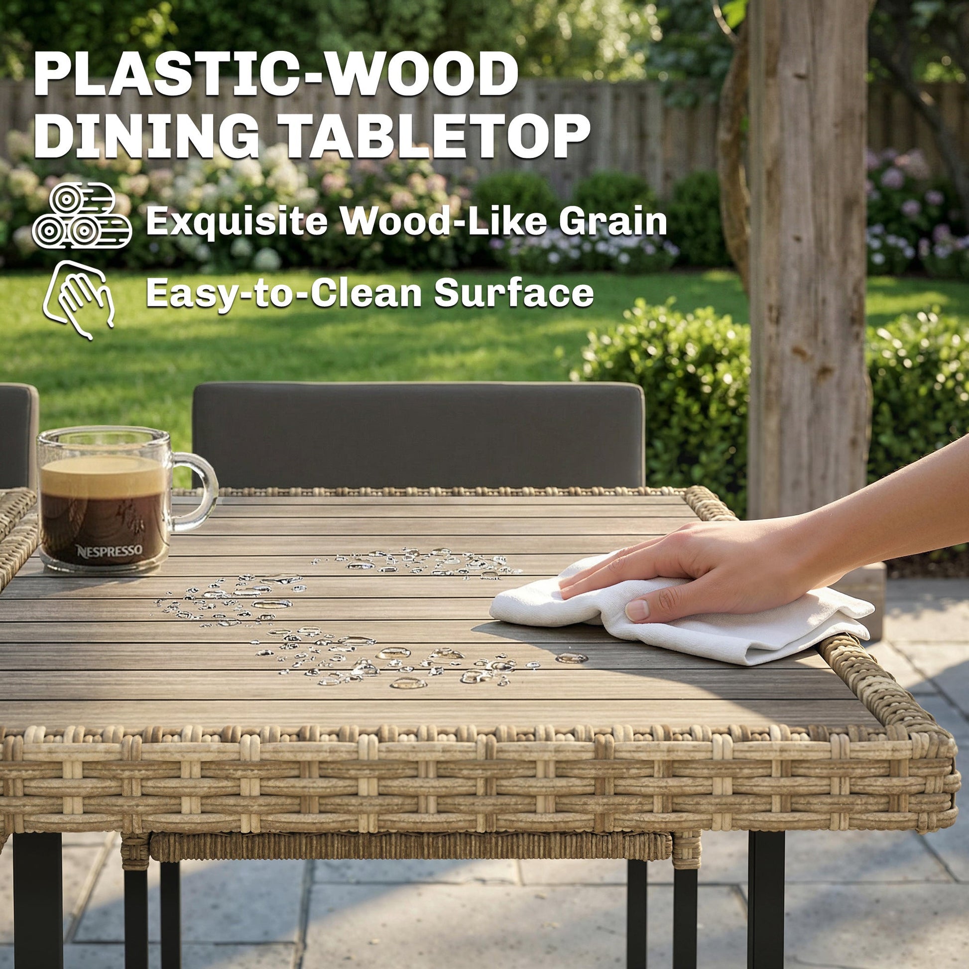 7 Piece Rattan Garden Furniture Set, Garden Dining Set with Wood-Plastic Table and 6 Stackable Chairs, Rattan Table and Chairs with 12 Cushions for Patio Terrace, Light Brown
