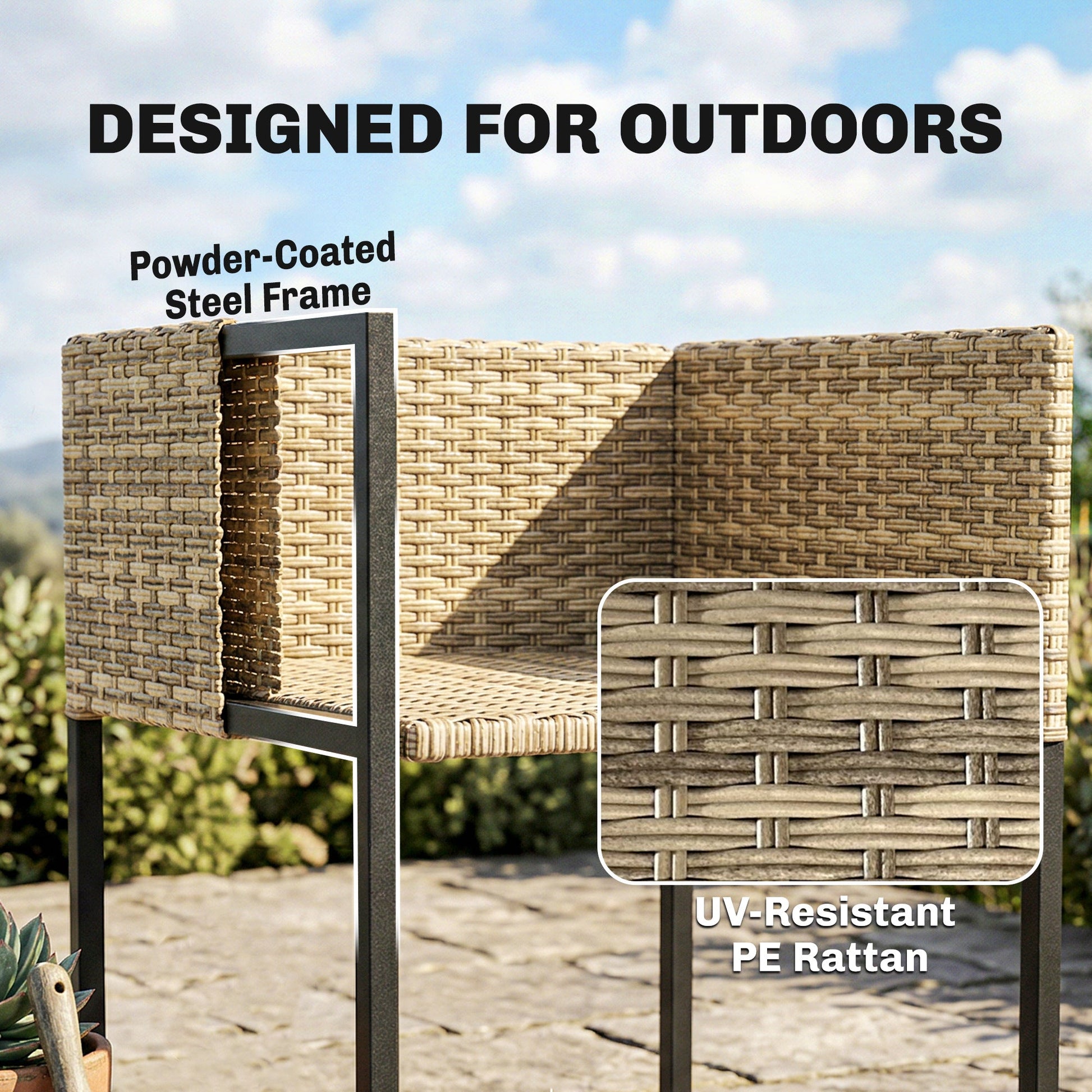 7 Piece Rattan Garden Furniture Set, Garden Dining Set with Wood-Plastic Table and 6 Stackable Chairs, Rattan Table and Chairs with 12 Cushions for Patio Terrace, Light Brown