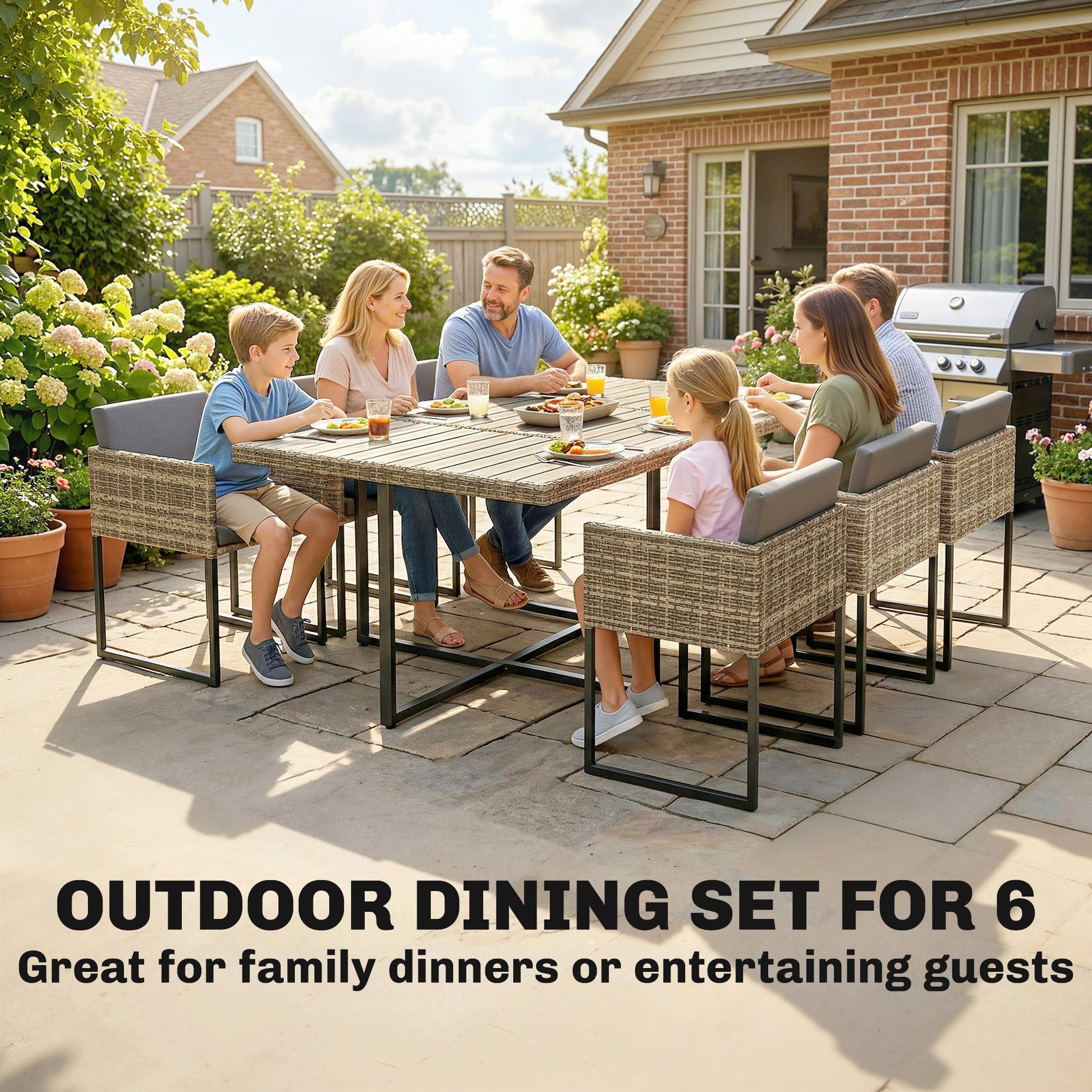 7 Piece Rattan Garden Furniture Set, Garden Dining Set with Wood-Plastic Table and 6 Stackable Chairs, Rattan Table and Chairs with 12 Cushions for Patio Terrace, Light Brown