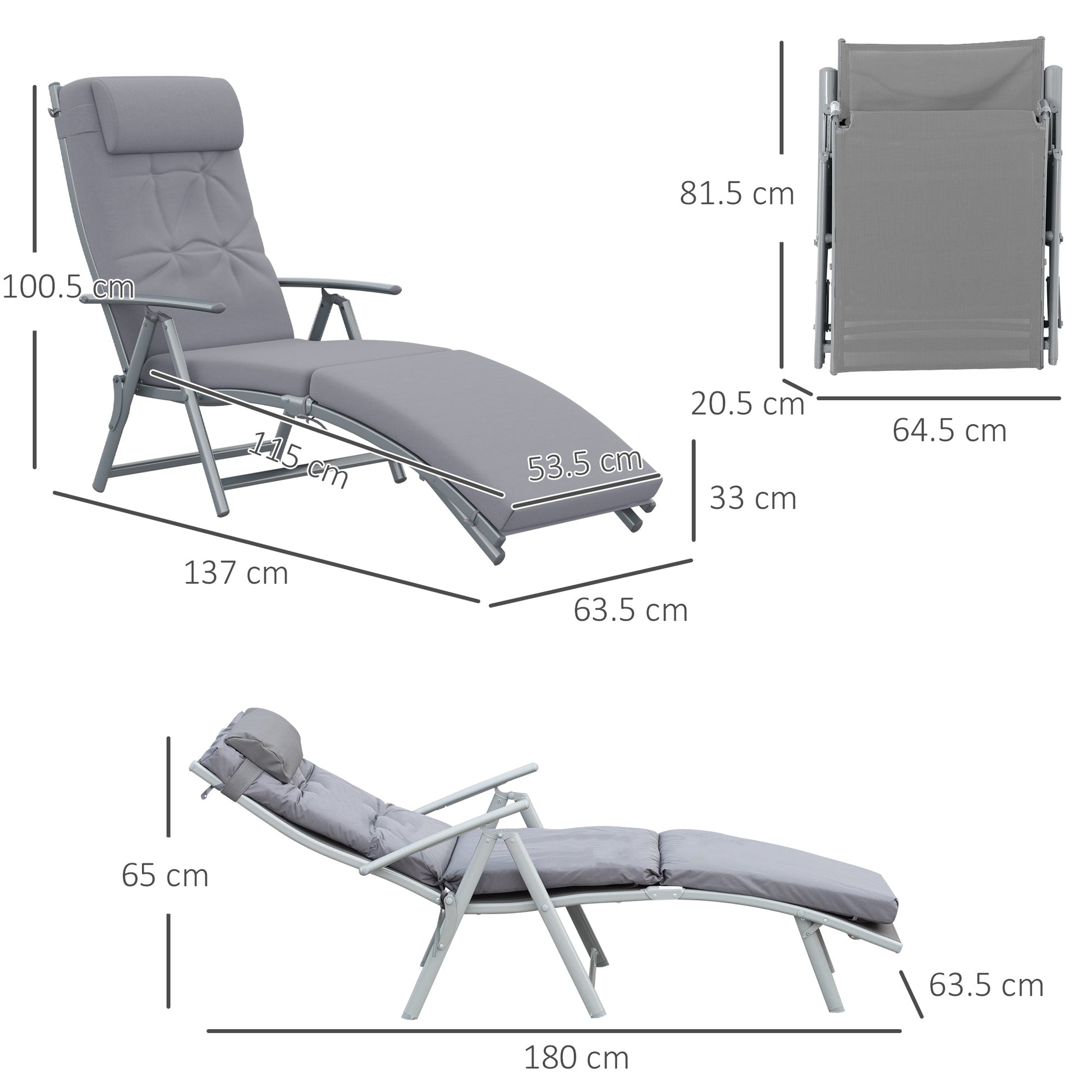 Sun Lounger Steel Frame Outdoor Folding Chaise Texteline Lounge Chair Recliner with Headrest & 7 Levels Adjustable Backrest, Grey