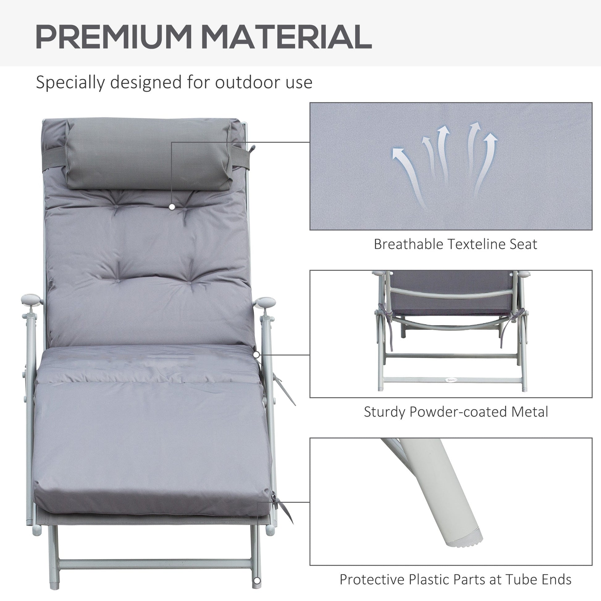 Sun Lounger Steel Frame Outdoor Folding Chaise Texteline Lounge Chair Recliner with Headrest & 7 Levels Adjustable Backrest, Grey