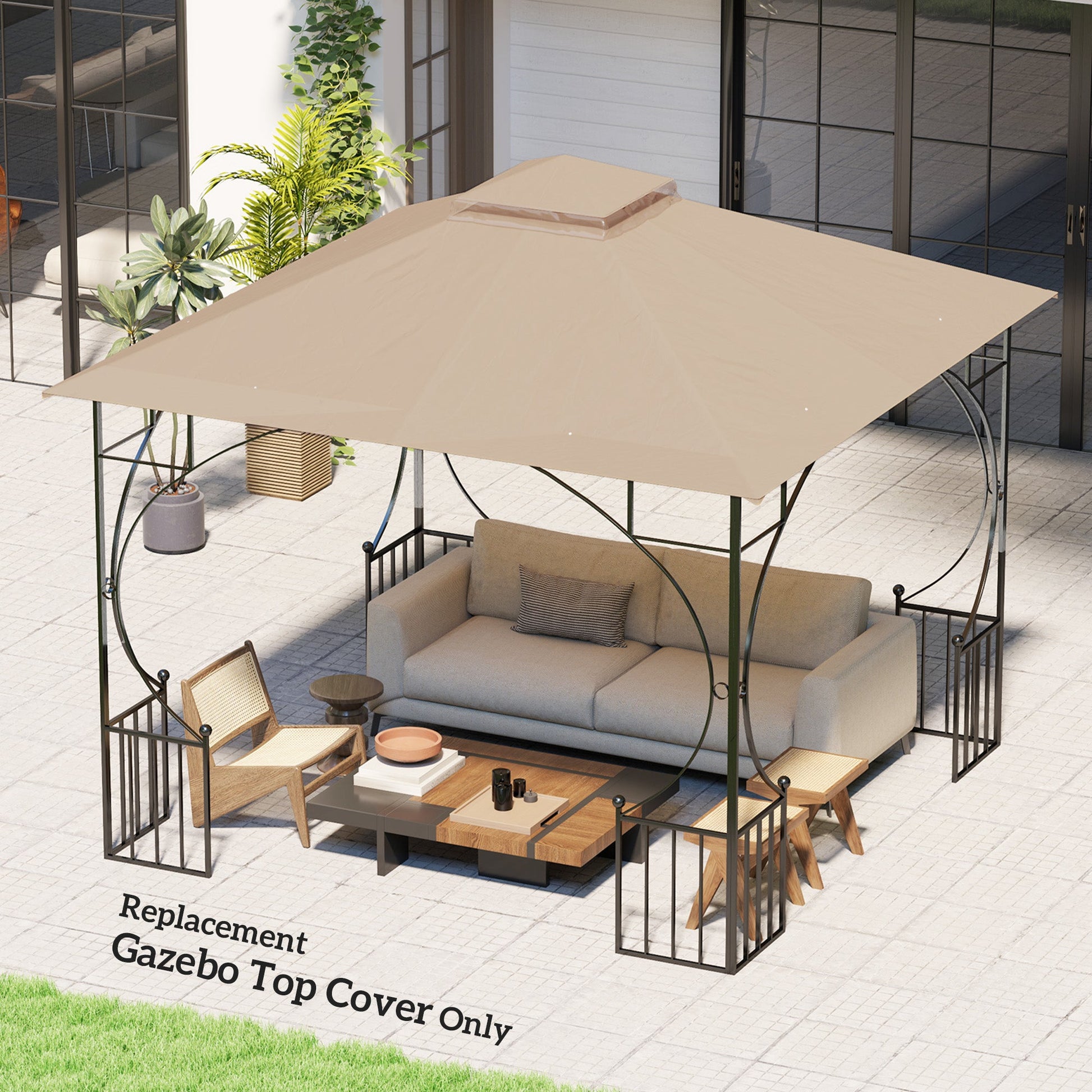3x3(m) Replacement Gazebo Canopy, Double Tier Roof Top for Garden, Patio, Outdoor, Khaki (TOP ONLY)