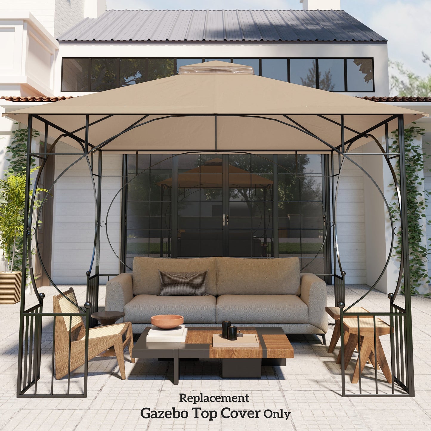 3x3(m) Replacement Gazebo Canopy, Double Tier Roof Top for Garden, Patio, Outdoor, Khaki (TOP ONLY)