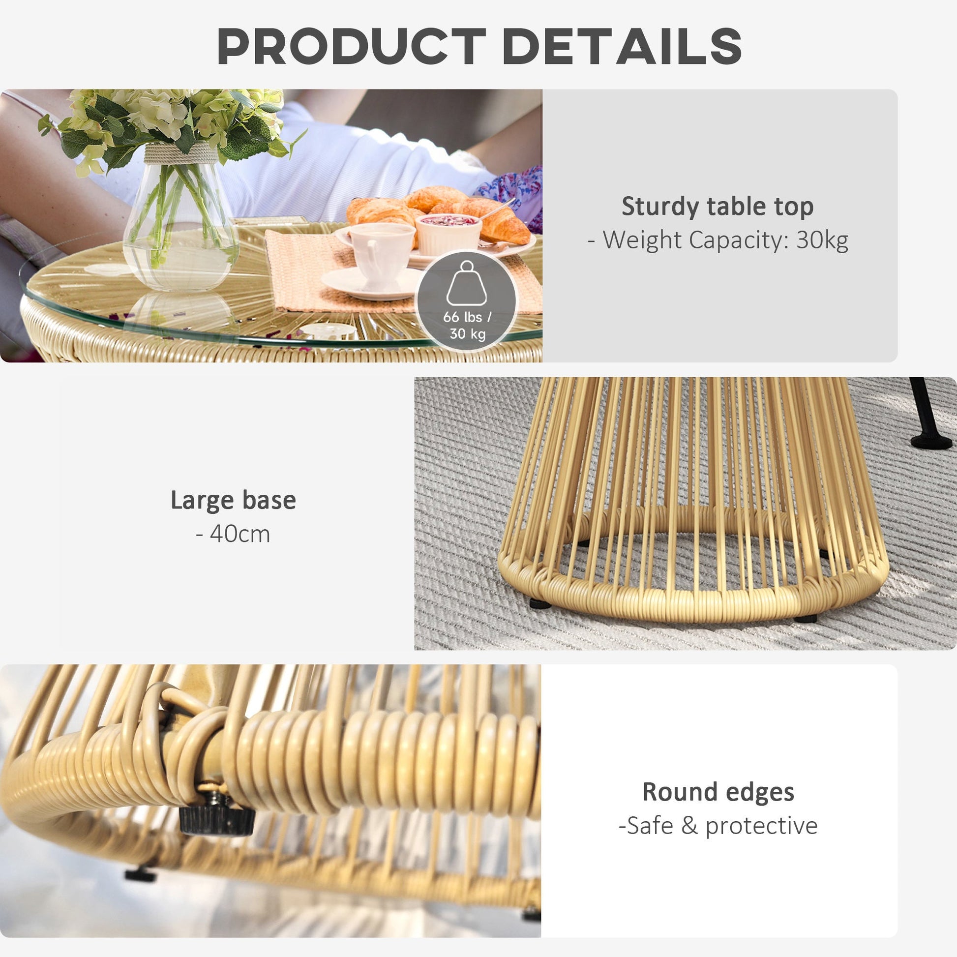 Outdoor Coffee Table, Round PE Rattan Side Table with Tempered Glass Table Top, Hollow Drum Design for Garden, Balcony, Patio, Natural