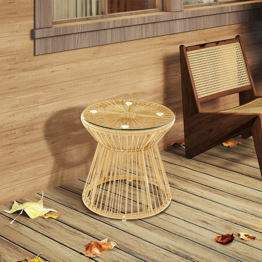 Outdoor Coffee Table, Round PE Rattan Side Table with Tempered Glass Table Top, Hollow Drum Design for Garden, Balcony, Patio, Natural