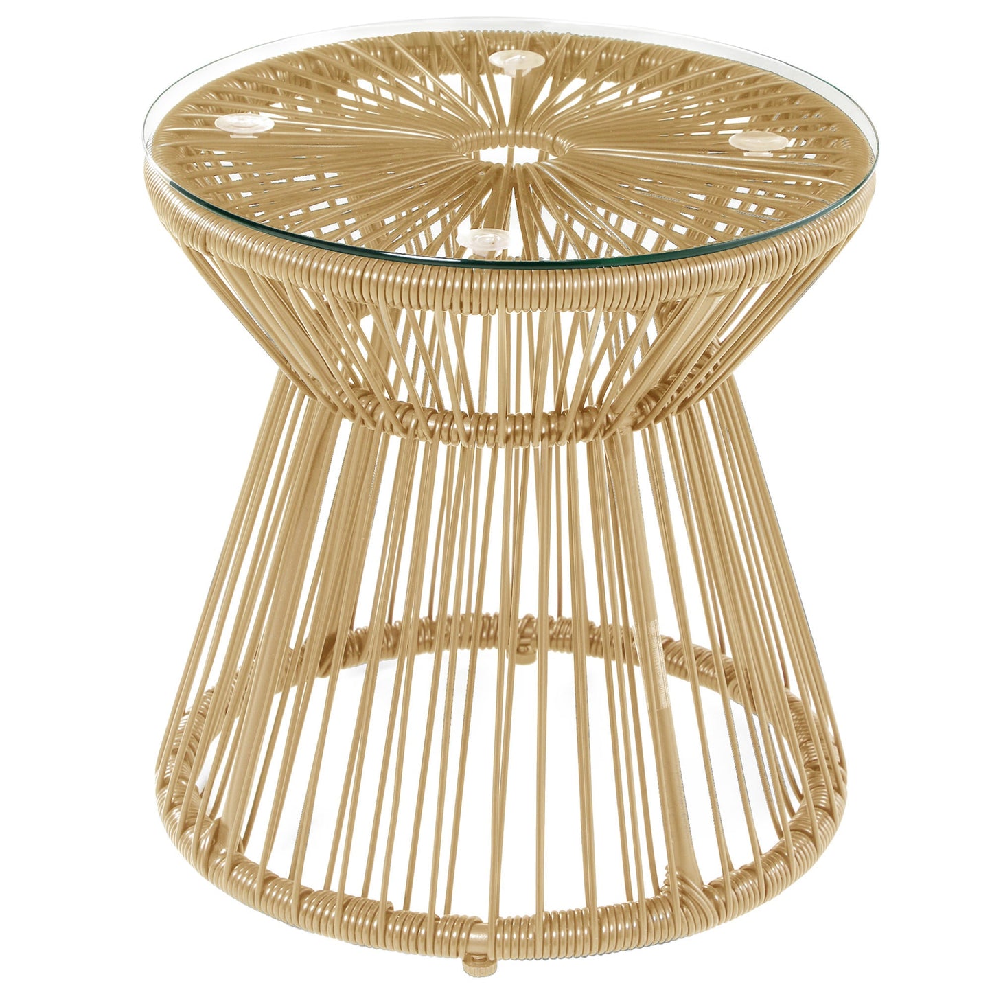 Outdoor Coffee Table, Round PE Rattan Side Table with Tempered Glass Table Top, Hollow Drum Design for Garden, Balcony, Patio, Natural