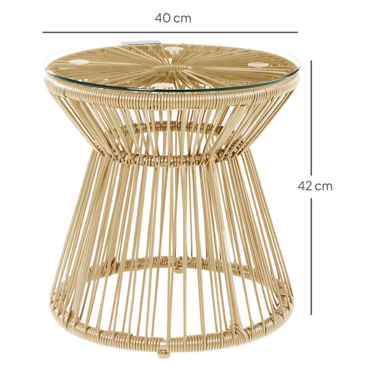 Outdoor Coffee Table, Round PE Rattan Side Table with Tempered Glass Table Top, Hollow Drum Design for Garden, Balcony, Patio, Natural