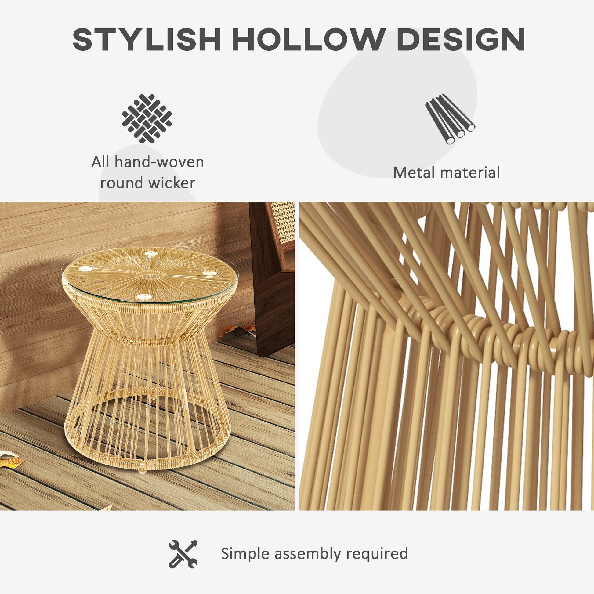 Outdoor Coffee Table, Round PE Rattan Side Table with Tempered Glass Table Top, Hollow Drum Design for Garden, Balcony, Patio, Natural