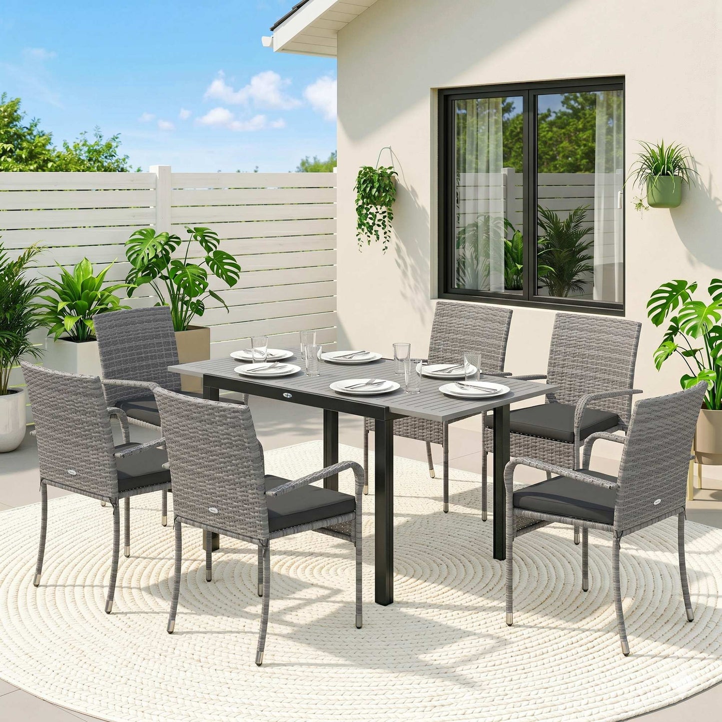 7 Piece Rattan Garden Furniture Set, 6 Seater Garden Table and 6 Stackable Chairs with Extendable Acacia Wood Tabletop, All-Weather Outdoor Furniture with Cushions for Patio, Light Grey