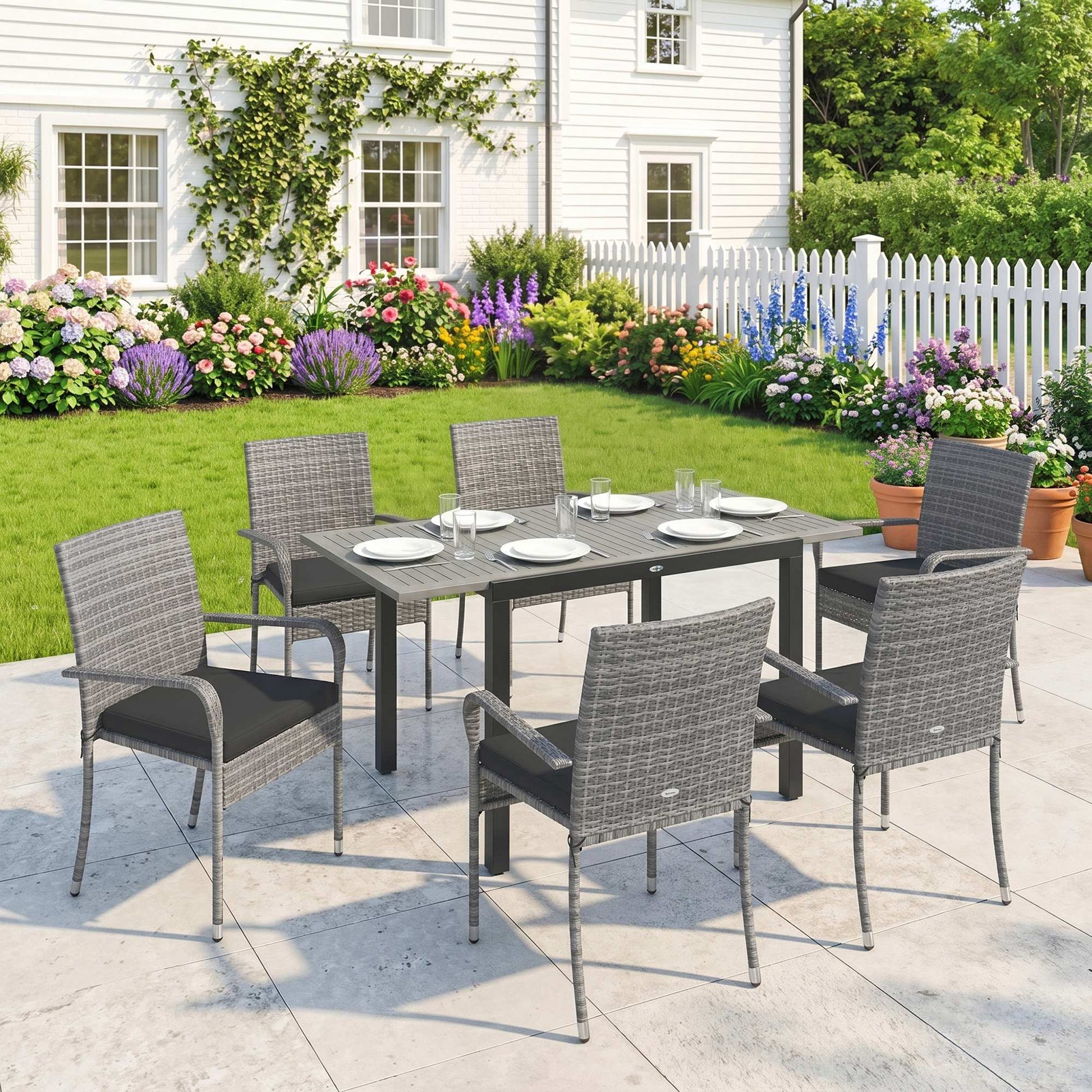 7 Piece Rattan Garden Furniture Set, 6 Seater Garden Table and 6 Stackable Chairs with Extendable Acacia Wood Tabletop, All-Weather Outdoor Furniture with Cushions for Patio, Light Grey