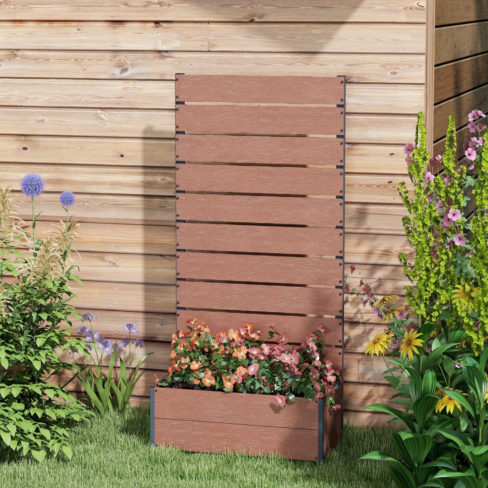 Garden Planter with Trellis for Climbing Plants, Vines, Flowers, Freestanding Raised Bed for Garden, Outdoor, Patio, Planter Box with Drainage Gap, 72x38x150cm, Light Brown