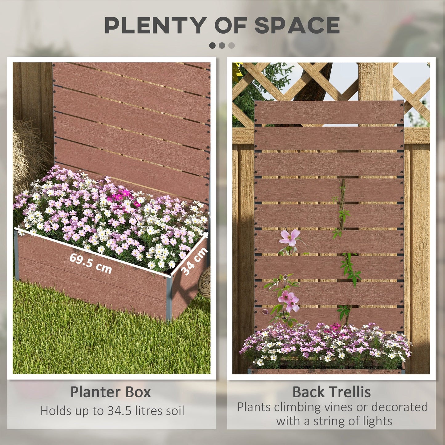 Garden Planter with Trellis for Climbing Plants, Vines, Flowers, Freestanding Raised Bed for Garden, Outdoor, Patio, Planter Box with Drainage Gap, 72x38x150cm, Light Brown