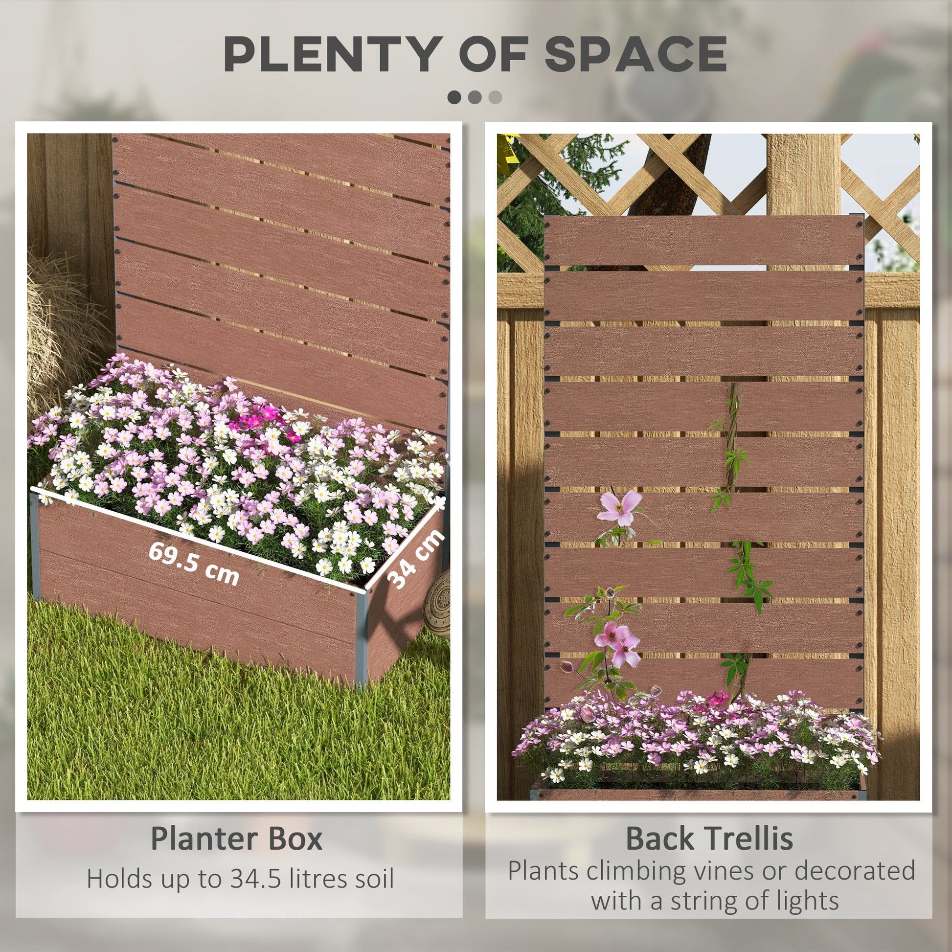 Garden Planter with Trellis for Climbing Plants, Vines, Flowers, Freestanding Raised Bed for Garden, Outdoor, Patio, Planter Box with Drainage Gap, 72x38x150cm, Light Brown