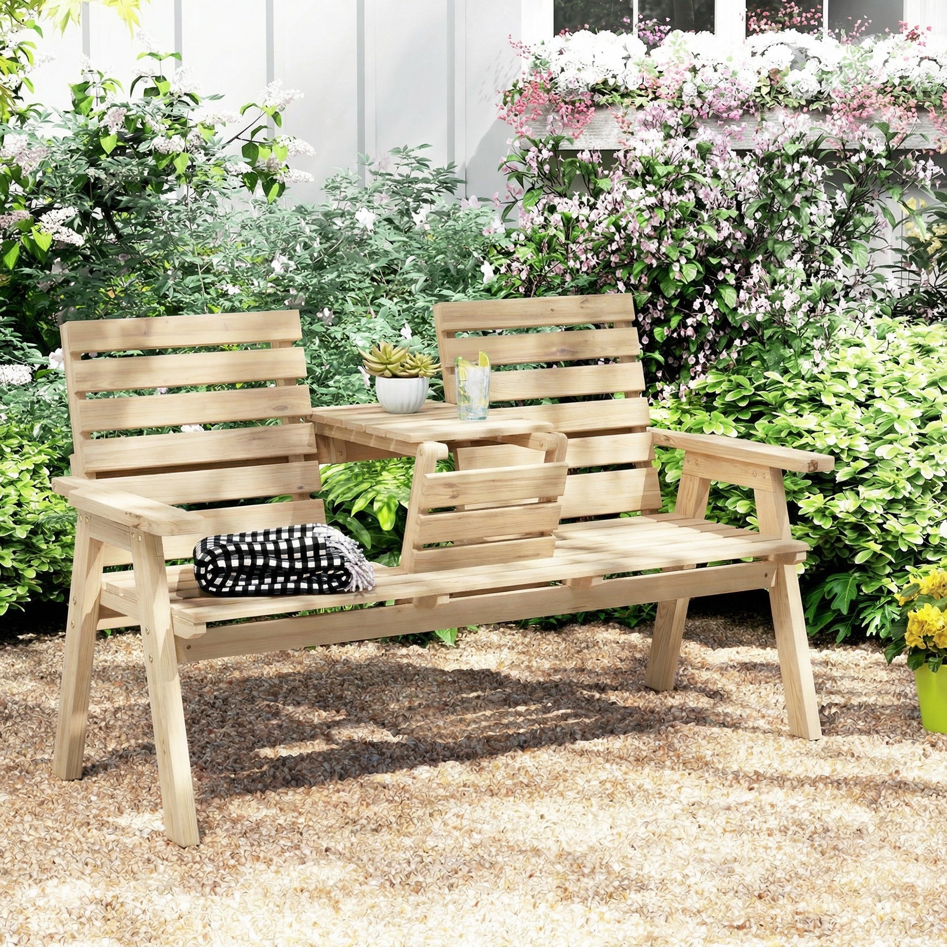 2 Seater Wooden Garden Bench with Convertible Middle Table, Outdoor Three-Seater Bench for Patio, Park, Porch, Natural Wood Finish