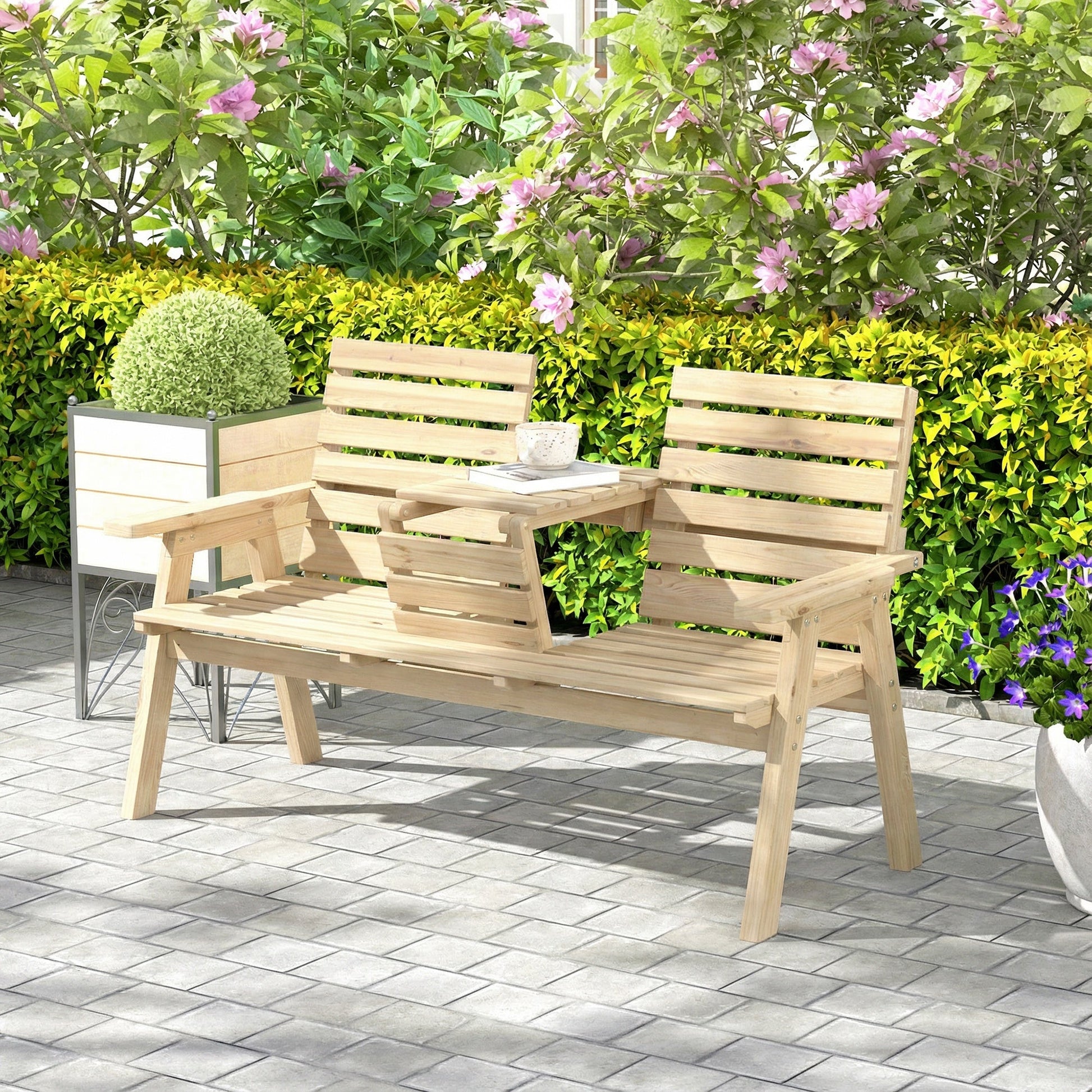 2 Seater Wooden Garden Bench with Convertible Middle Table, Outdoor Three-Seater Bench for Patio, Park, Porch, Natural Wood Finish