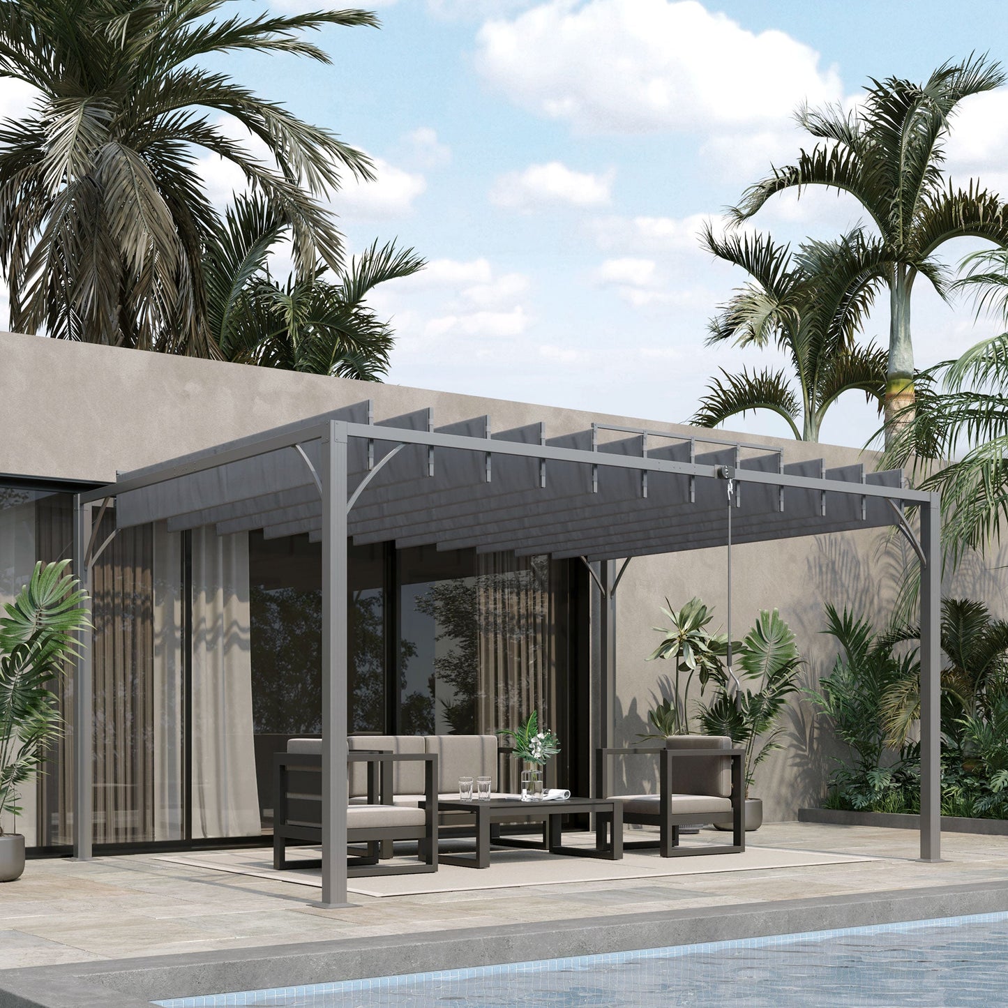 4 x 3(m) Outdoor Louvered Pergola with Adjustable Roof, AluminIum Patio Gazebo Canopy with Ground Stakes for Patio, Lawn, Garden, Grey
